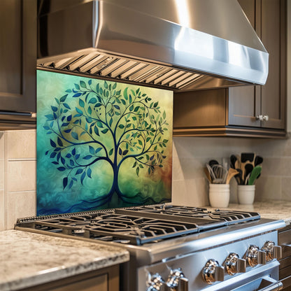 Tree of Life Kitchen Backsplash, UV Printed Tempered Glass Wall Art, Custom Size Design