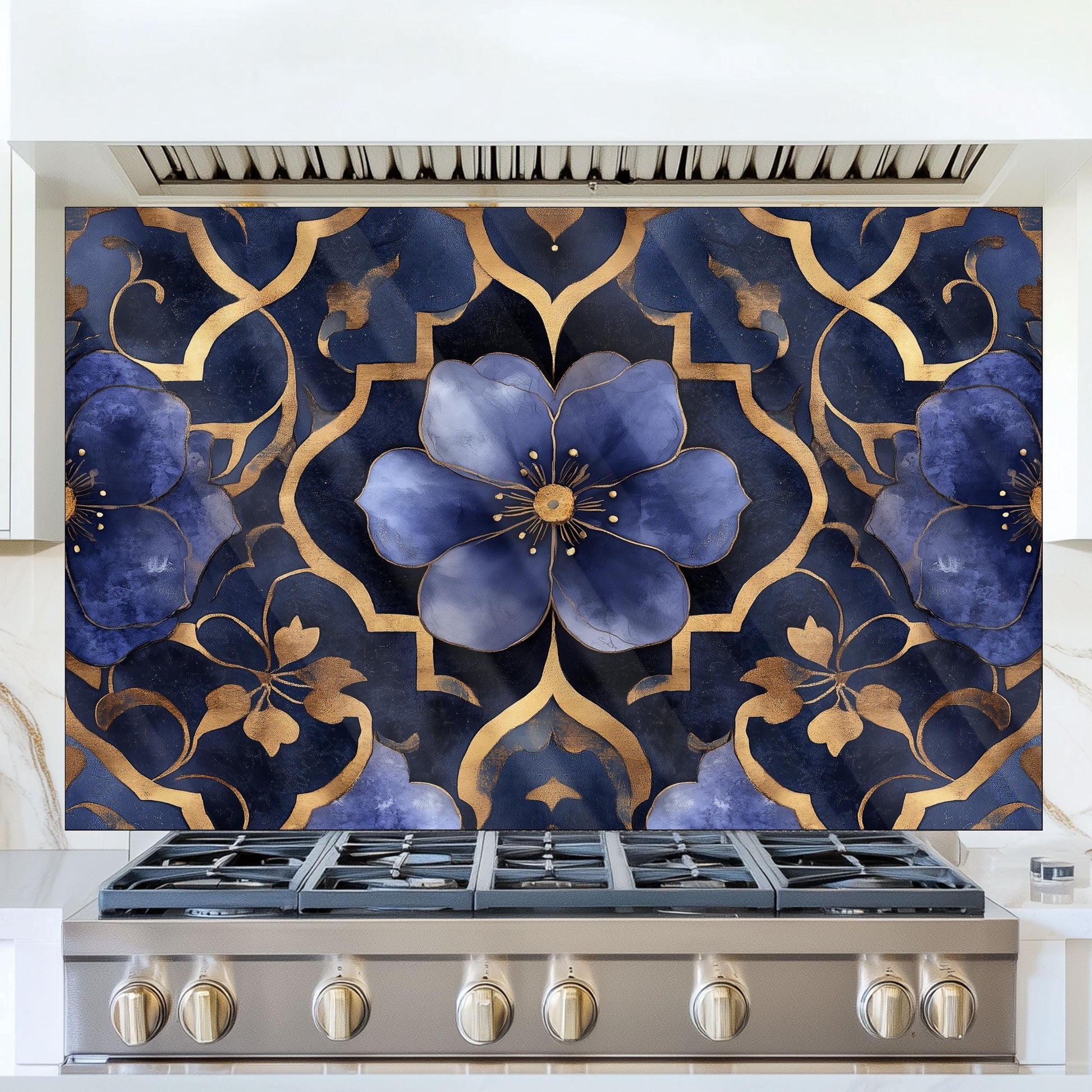 Moroccan Style Glass Backsplash, Blue Floral Stove Guard, Heat Resistant Easy Clean Kitchen Art