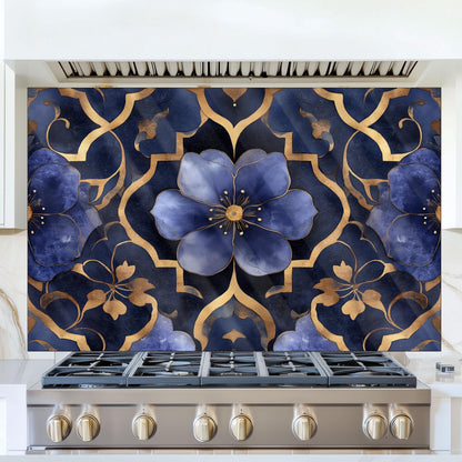 Moroccan Style Glass Backsplash, Blue Floral Stove Guard, Heat Resistant Easy Clean Kitchen Art