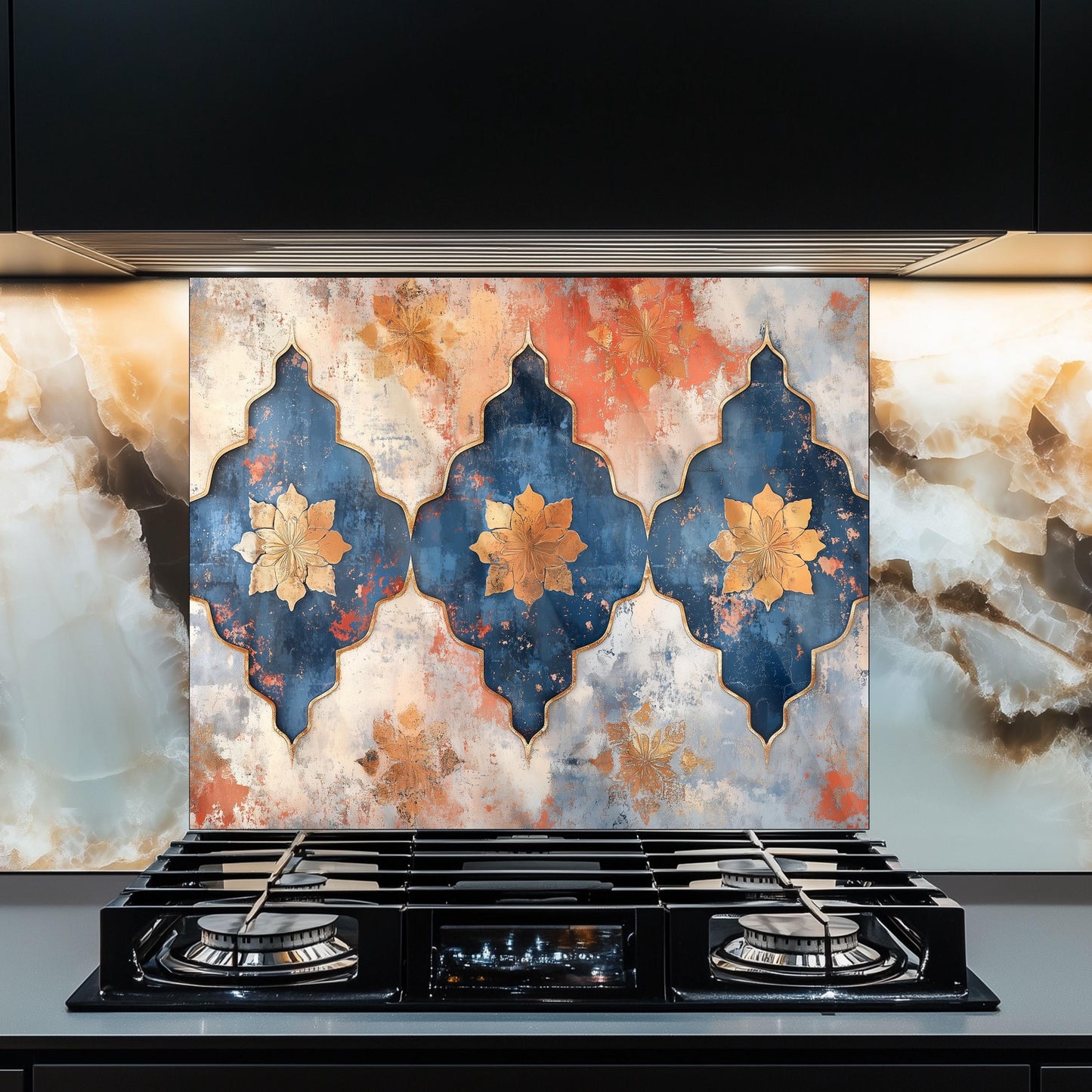 Moroccan Style Glass Backsplash, Blue Geometric Stove Guard, Heat Resistant Easy Clean Kitchen Art