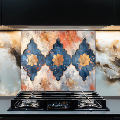 Moroccan Style Glass Backsplash, Blue Geometric Stove Guard, Heat Resistant Easy Clean Kitchen Art