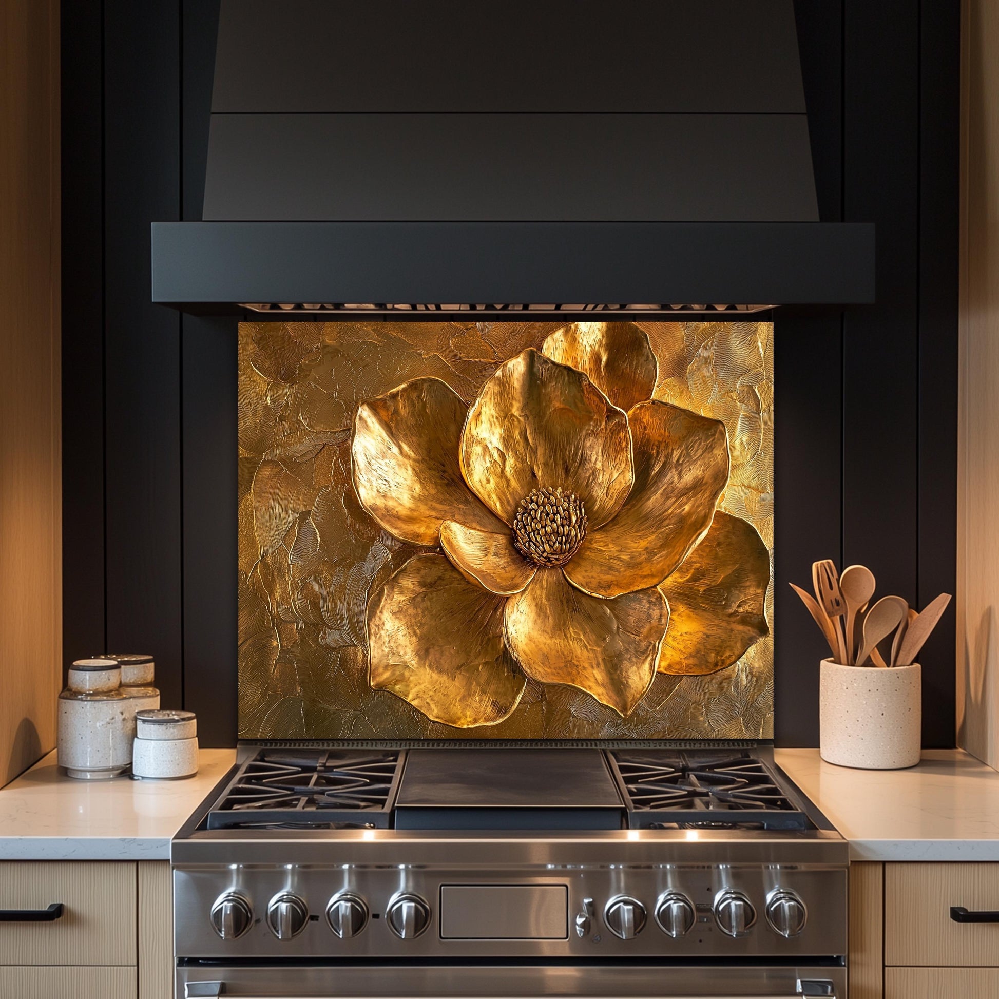 Golden Flower Tempered Glass Stove Backsplash: Rustic Kitchen Decor