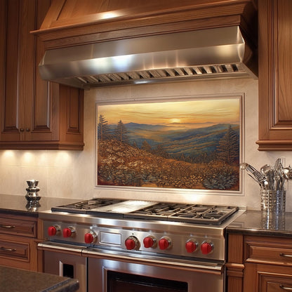 Heat-resistant kitchen backsplash, mountain landscape design, copper effect tempered glass, easy clean wall protector, rustic kitchen art, stove backsplash, mountain kitchen decor