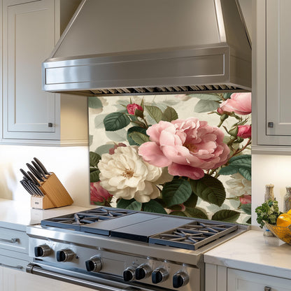 Vintage Floral Rose Kitchen Backsplash - Pink and White Peony Tempered Glass Stove Splashback