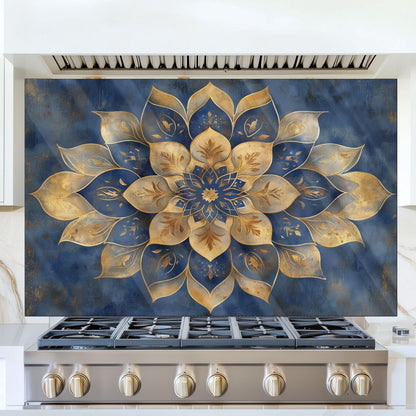 Moroccan Style Glass Backsplash, Blue Geometric Stove Guard, Heat Resistant Easy Clean Kitchen Art