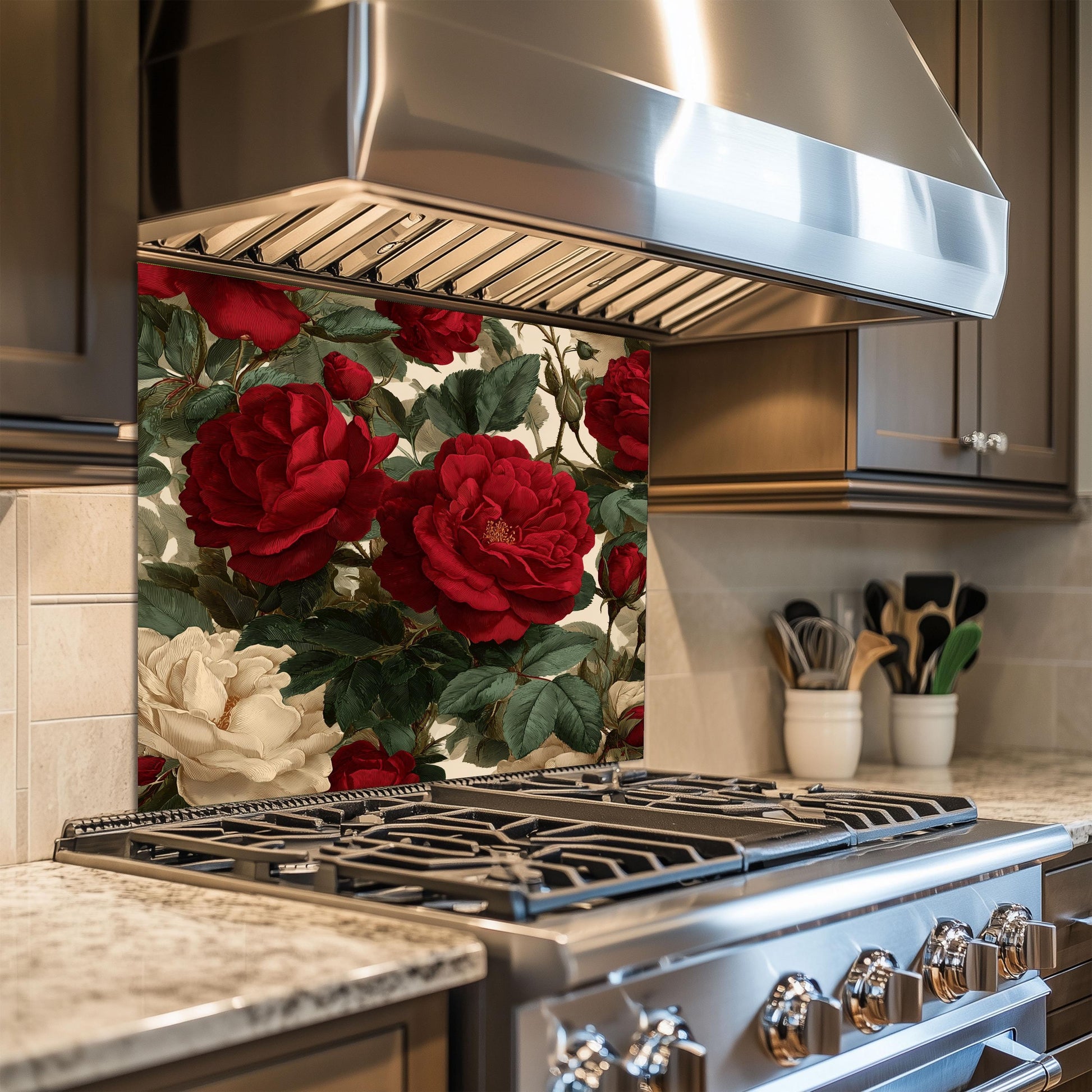 Bold Red Rose Tempered Glass Backsplash - Vintage Botanical Floral Kitchen Splashback