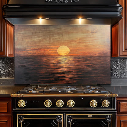 Sunset Ocean Glass Backsplash, Coastal Sea Landscape Stove Guard, Heat Resistant Easy Clean Art