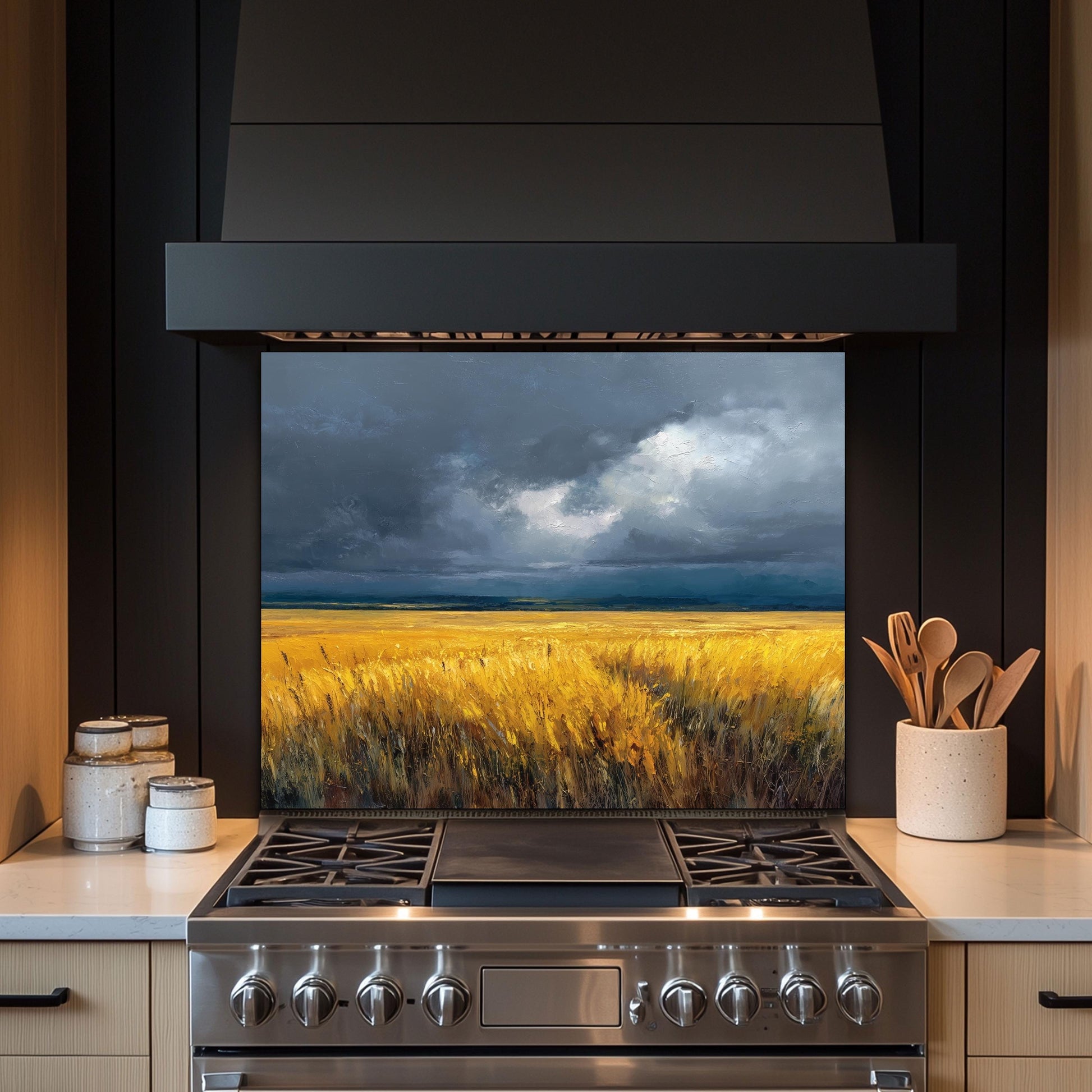 Wheat Field Glass Backsplash, Rustic Farmhouse Stove Guard, Heat Resistant Easy Clean Kitchen Art