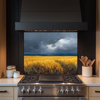 Wheat Field Glass Backsplash, Rustic Farmhouse Stove Guard, Heat Resistant Easy Clean Kitchen Art