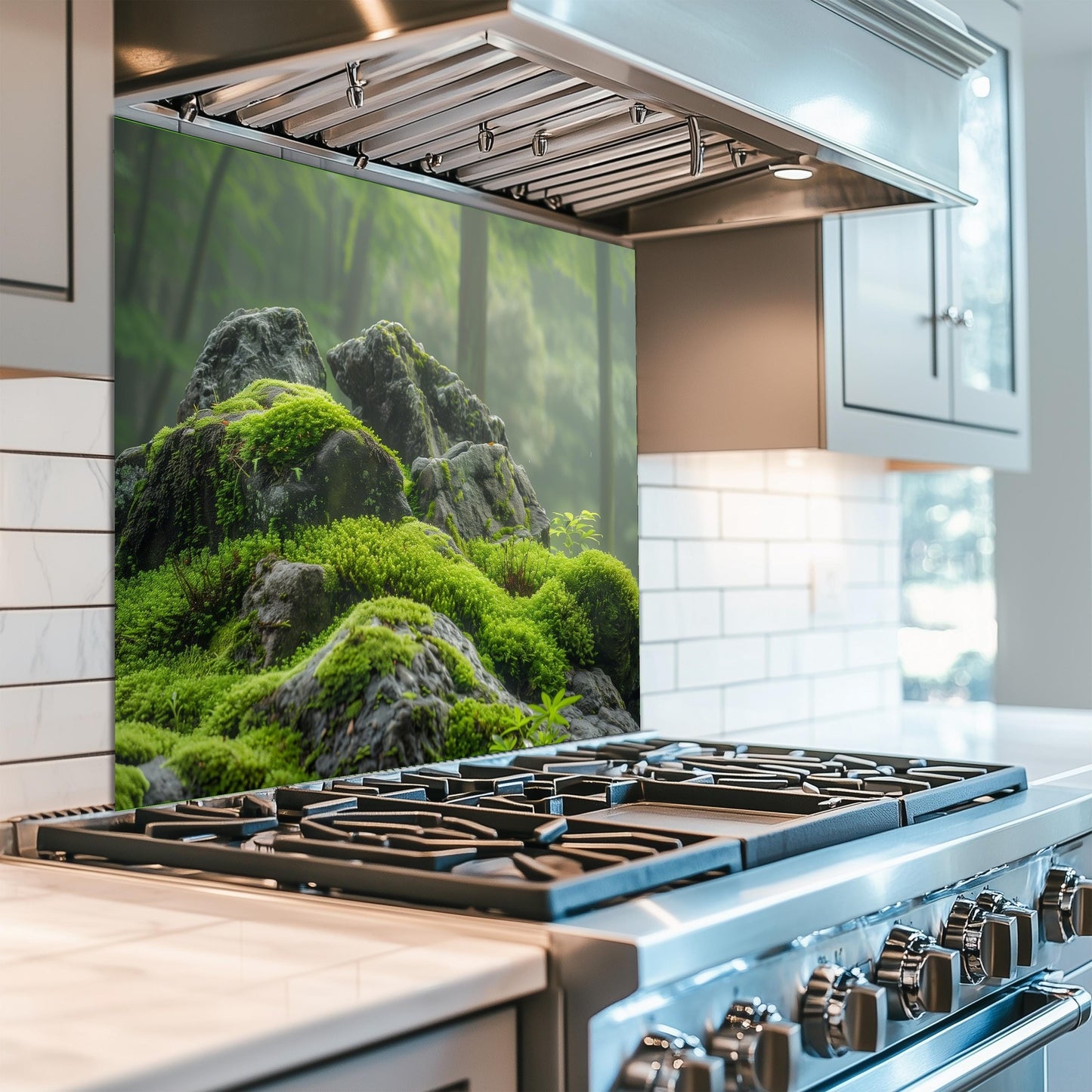 Moss Covered Rock Forest Tempered Glass Backsplash - Nature Inspired Green Kitchen Splashback