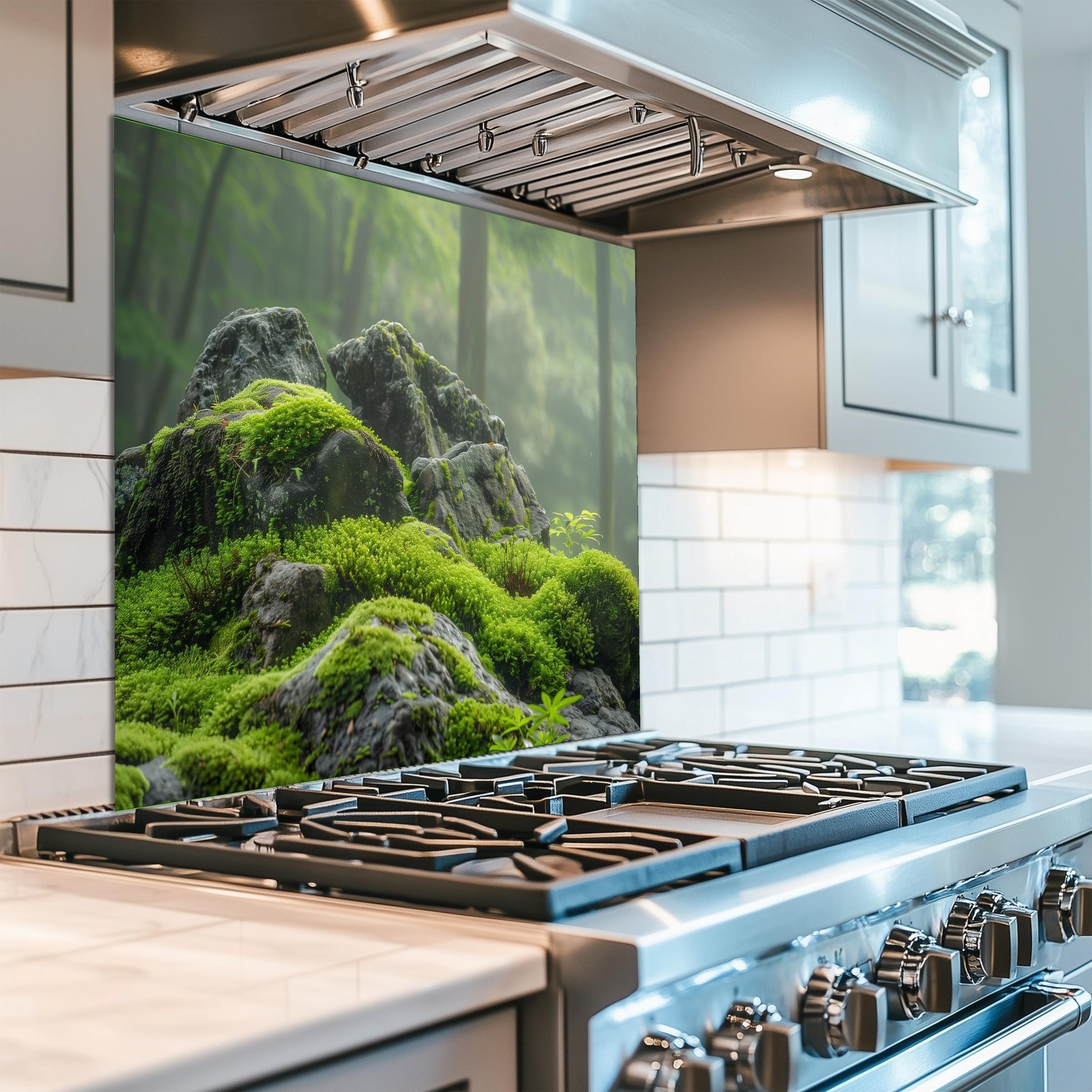 Moss Covered Rock Forest Tempered Glass Backsplash - Nature Inspired Green Kitchen Splashback