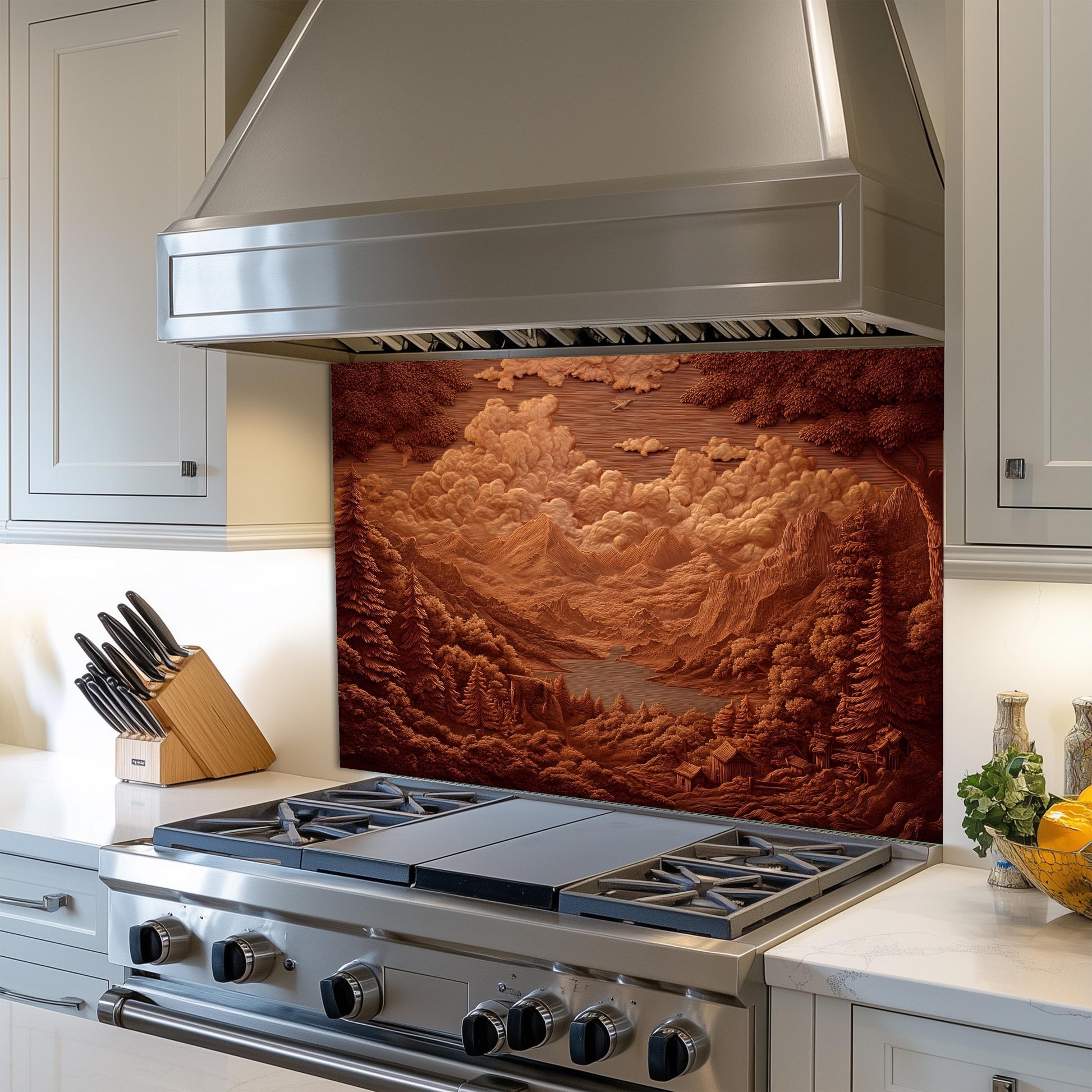 Sepia Mountain Landscape Tempered Glass Backsplash - Rustic Cabin Decor