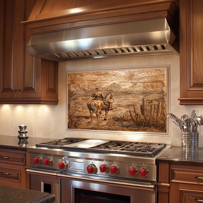 Cowboy kitchen decor, heat-resistant tempered glass backsplash, rustic copper effect, easy clean wall protector, stove backsplash protector, country-style kitchen wall art, cowboy-themed backsplash