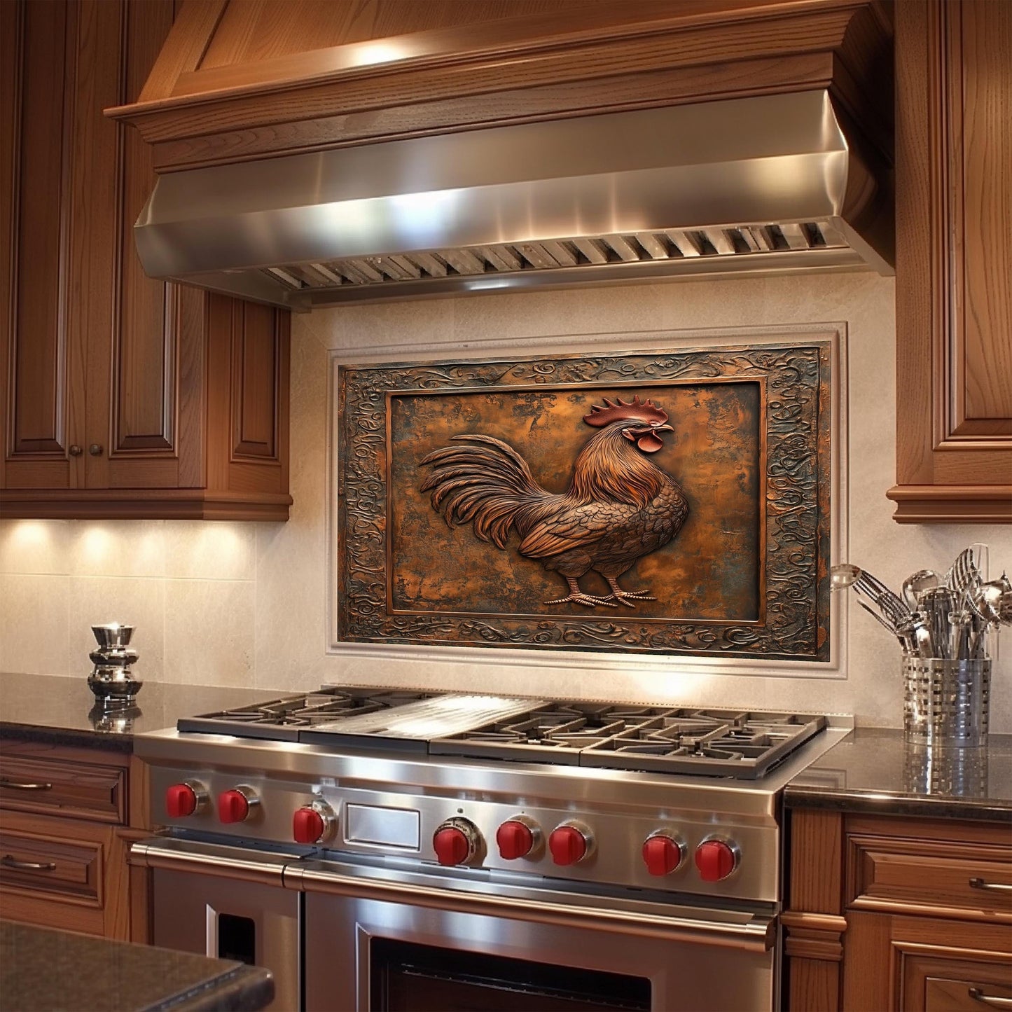 Farmhouse-style tempered glass backsplash featuring a rustic rooster design. Heat-resistant and easy to maintain, this backsplash serves as both a decorative element and a durable wall protector