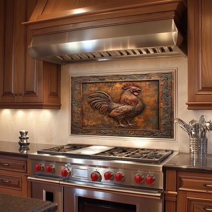 Farmhouse-style tempered glass backsplash featuring a rustic rooster design. Heat-resistant and easy to maintain, this backsplash serves as both a decorative element and a durable wall protector