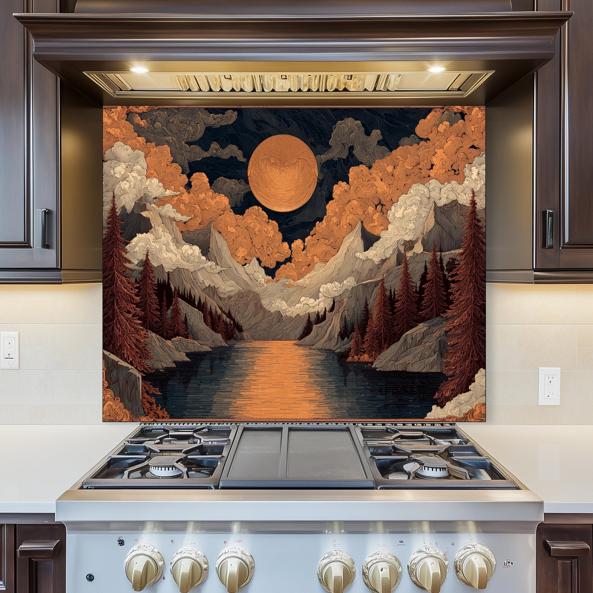 William Morris Style Glass Backsplash: Mountain Sunrise Kitchen Wall Art