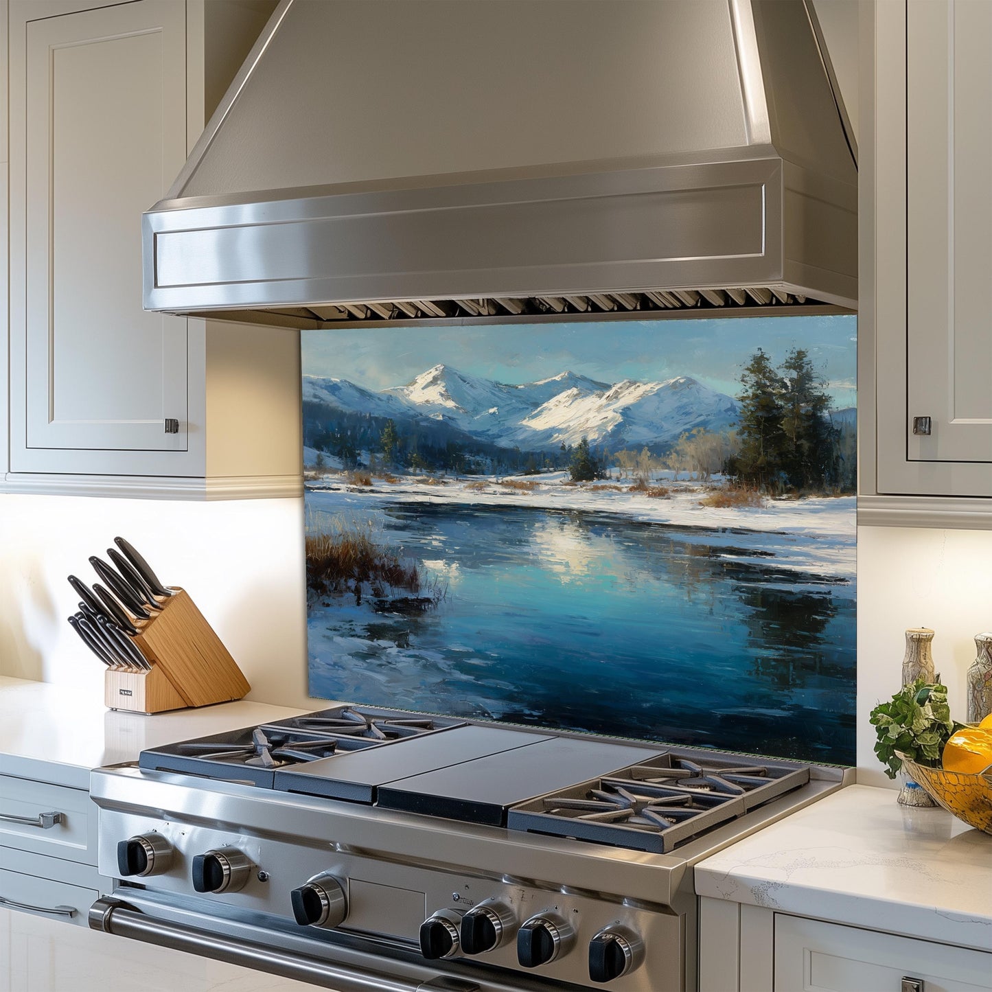 Winter Mountain Landscape Glass Backsplash: Tempered Glass Stove Panel