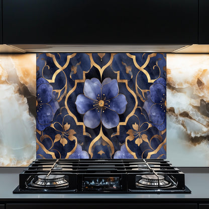 Moroccan Style Glass Backsplash, Blue Floral Stove Guard, Heat Resistant Easy Clean Kitchen Art