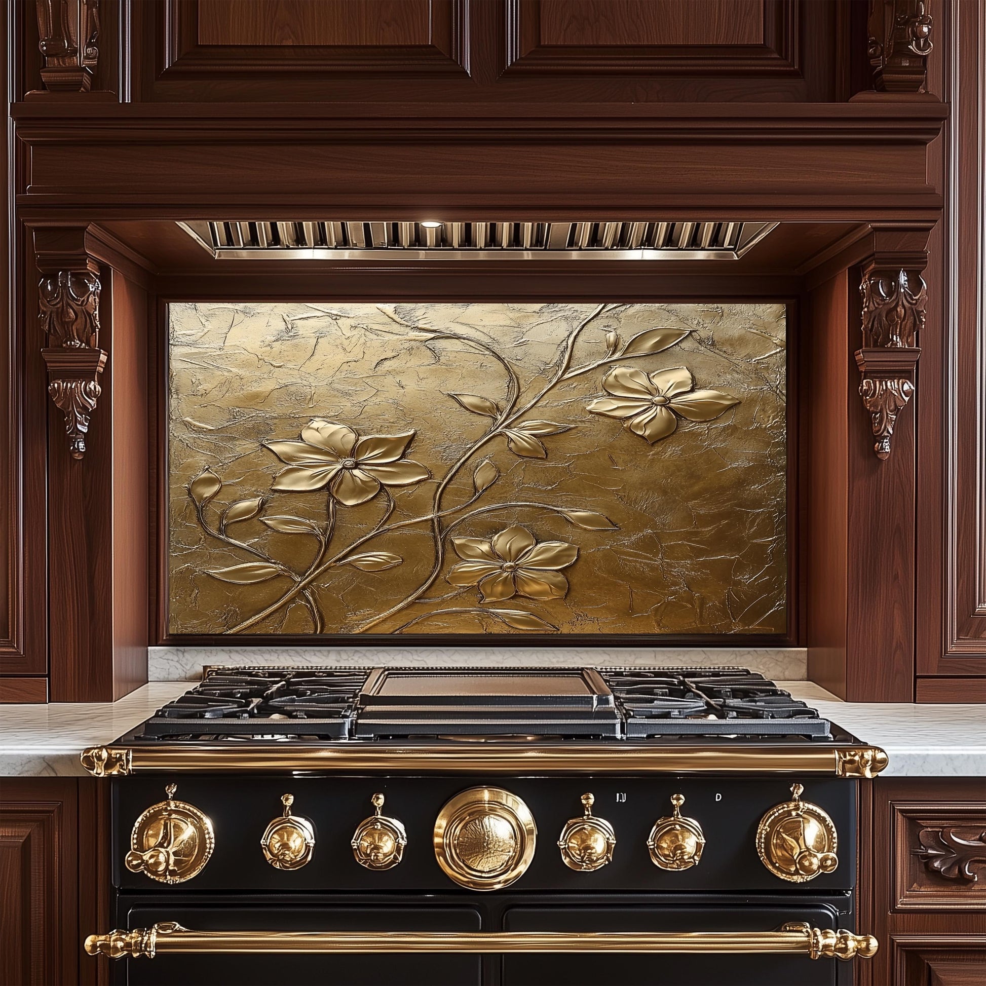 Copper Floral Tempered Glass Backsplash: Rustic Kitchen Decor