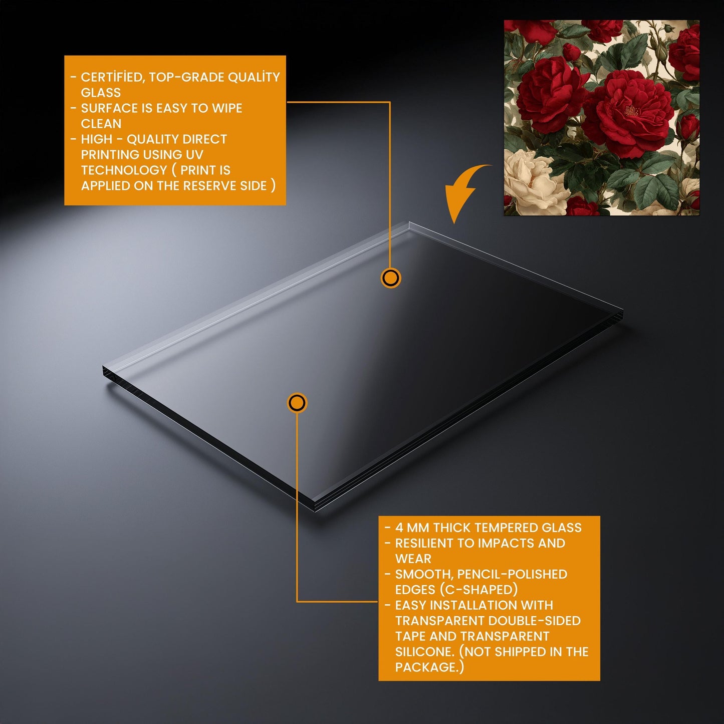 Bold Red Rose Tempered Glass Backsplash - Vintage Botanical Floral Kitchen Splashback