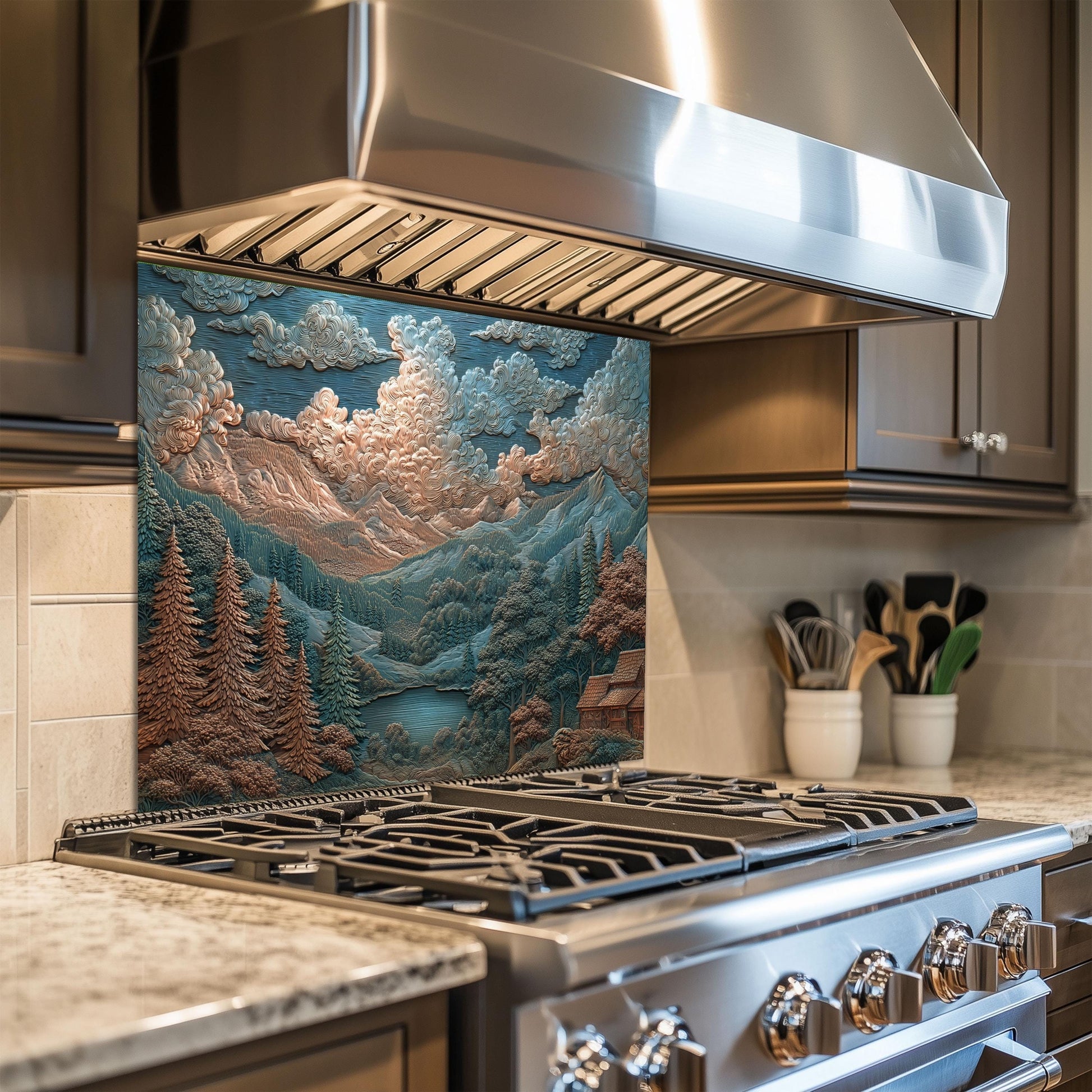 Mountain Landscape Glass Backsplash: Rustic Cabin & Boho Kitchen Decor