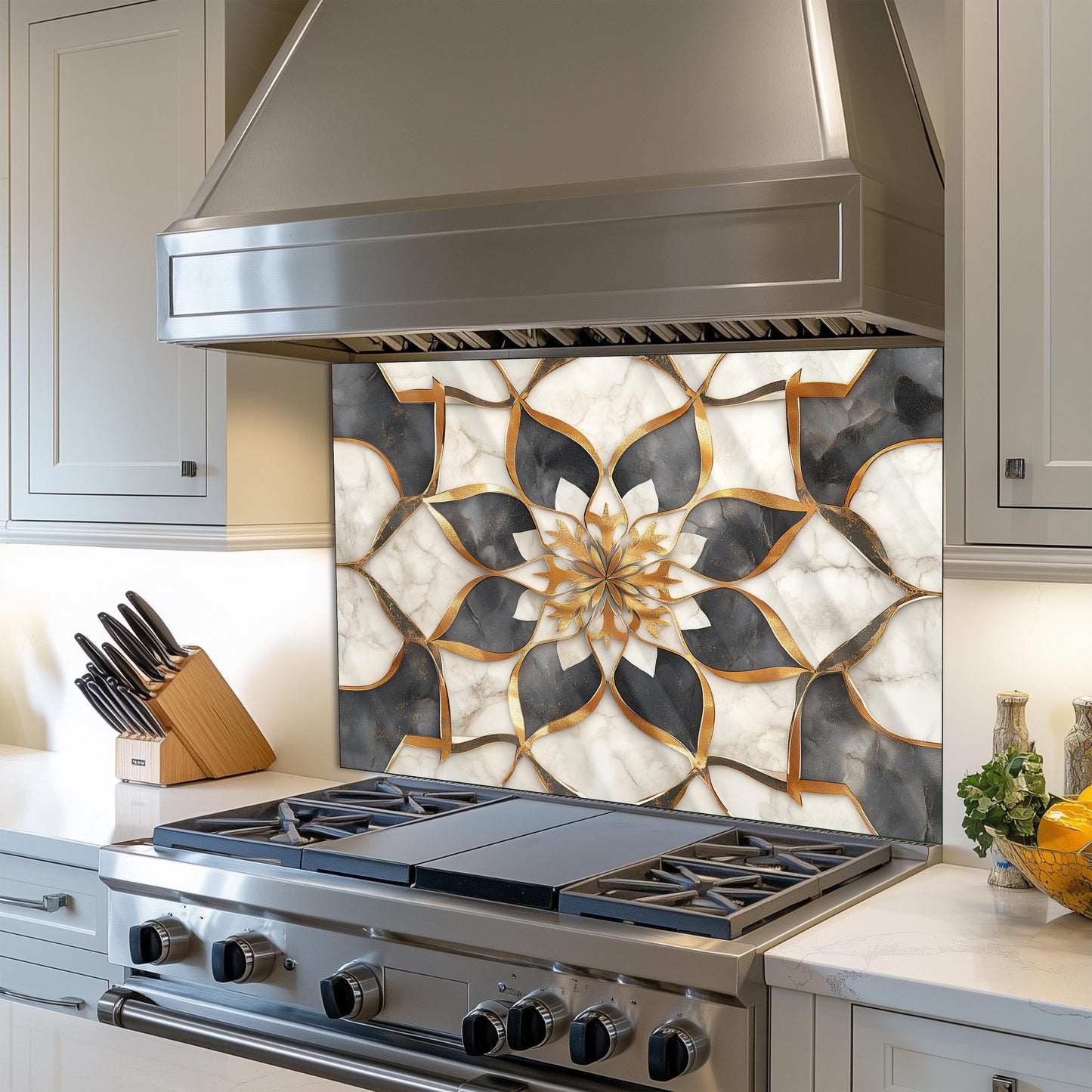 Moroccan Floral Glass Backsplash, Artistic Stove Guard, Heat Resistant Easy Clean Kitchen Wall Art