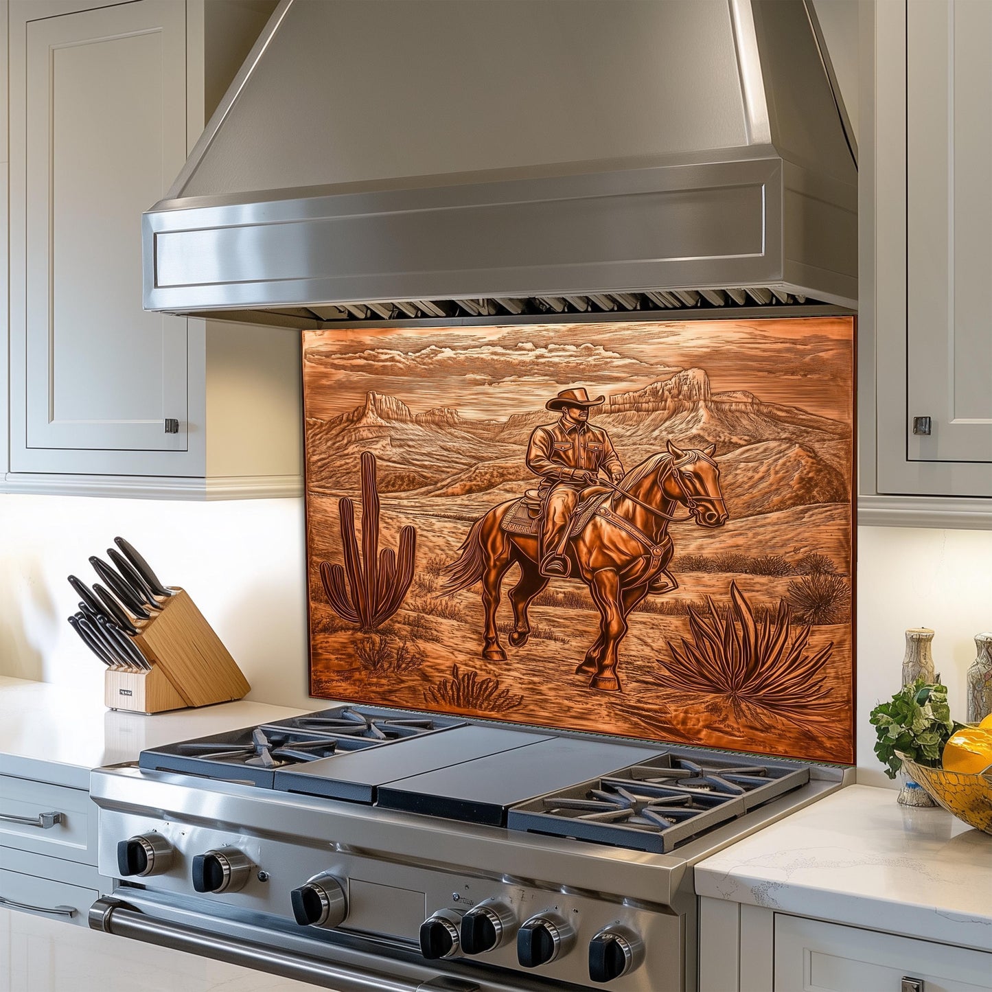 Cowboy backsplash, copper-effect tempered glass, heat-resistant kitchen protector, rustic kitchen decor, Western kitchen art, easy clean wall protector, stove wall protector
