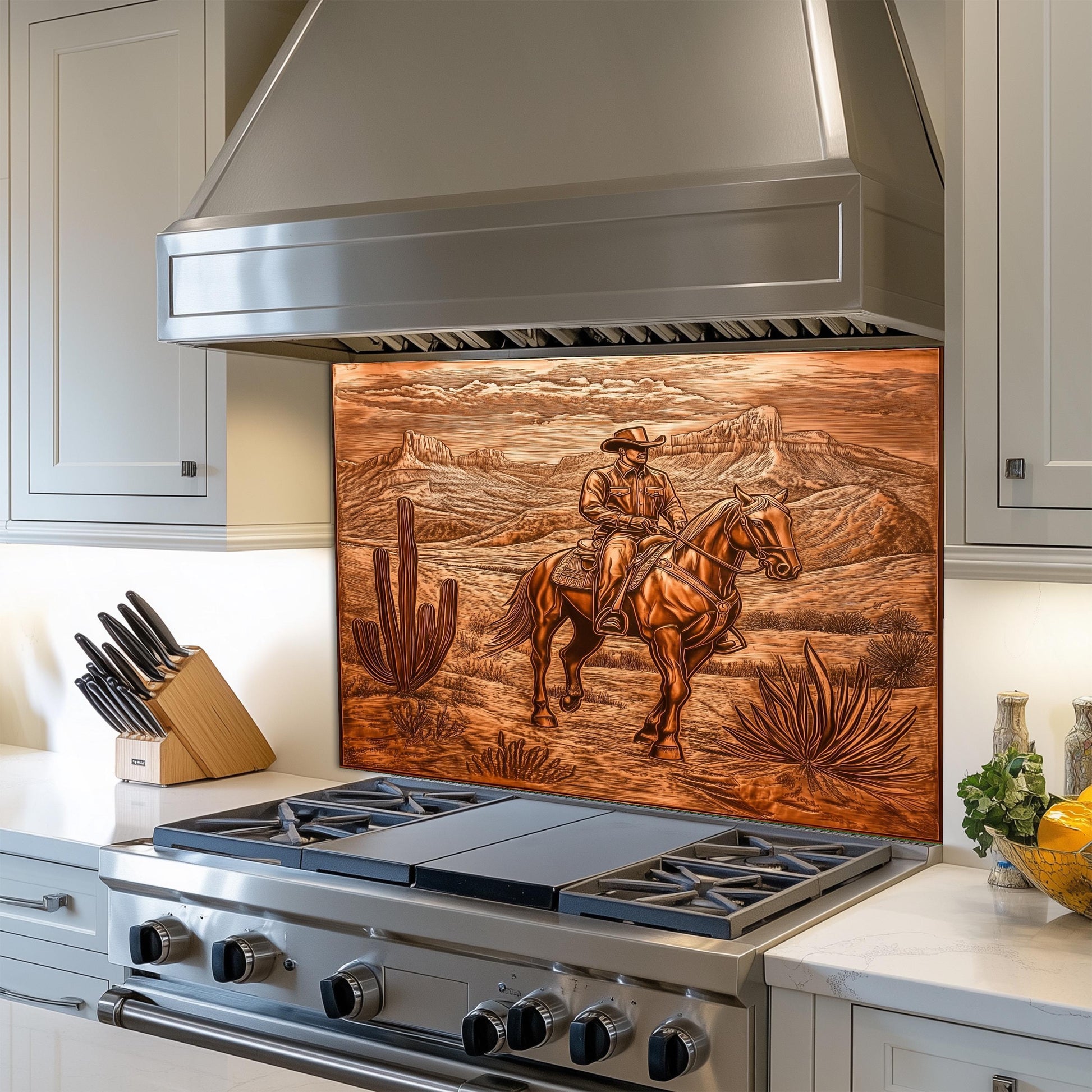 Cowboy backsplash, copper-effect tempered glass, heat-resistant kitchen protector, rustic kitchen decor, Western kitchen art, easy clean wall protector, stove wall protector