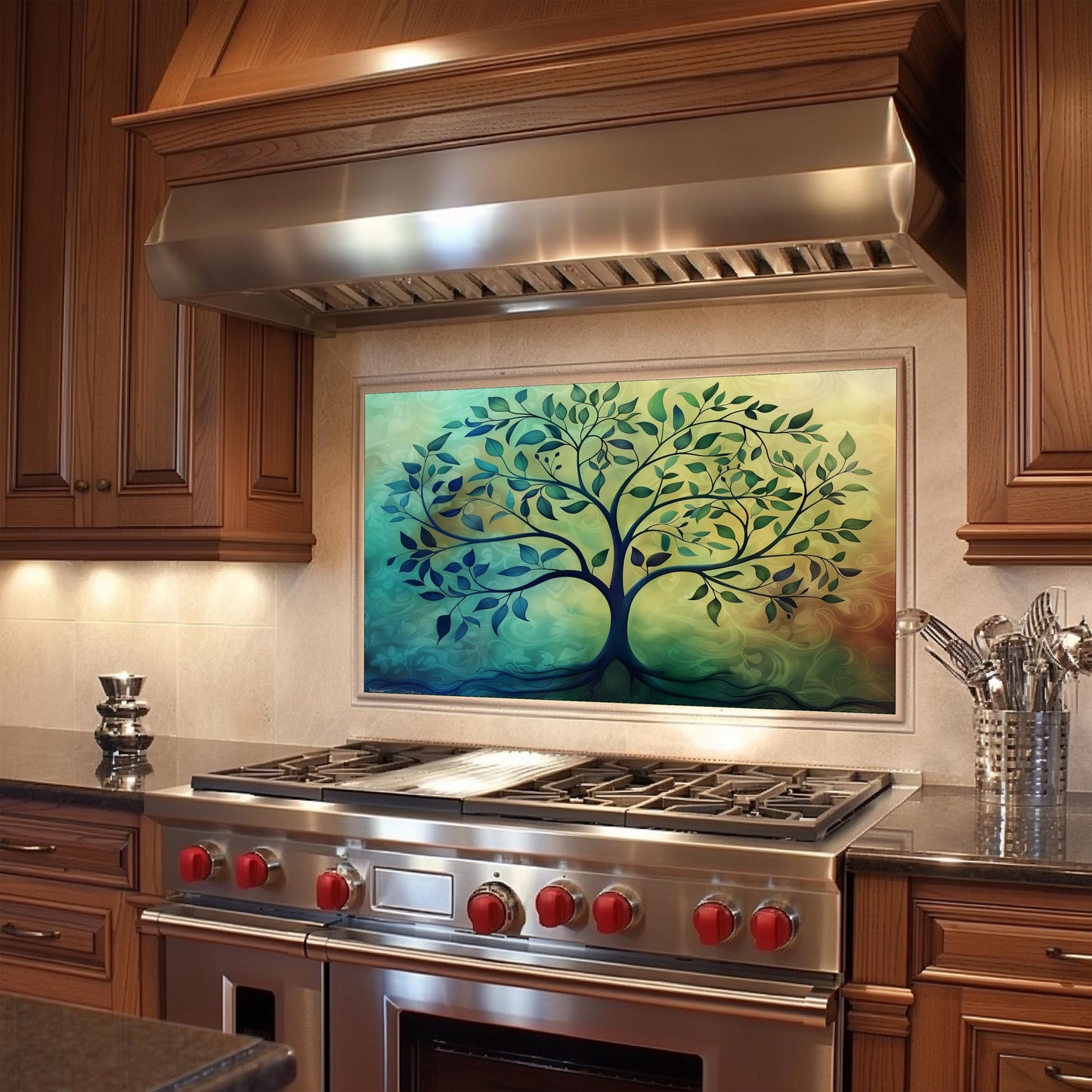 Tree of Life Kitchen Backsplash, UV Printed Tempered Glass Wall Art, Custom Size Design