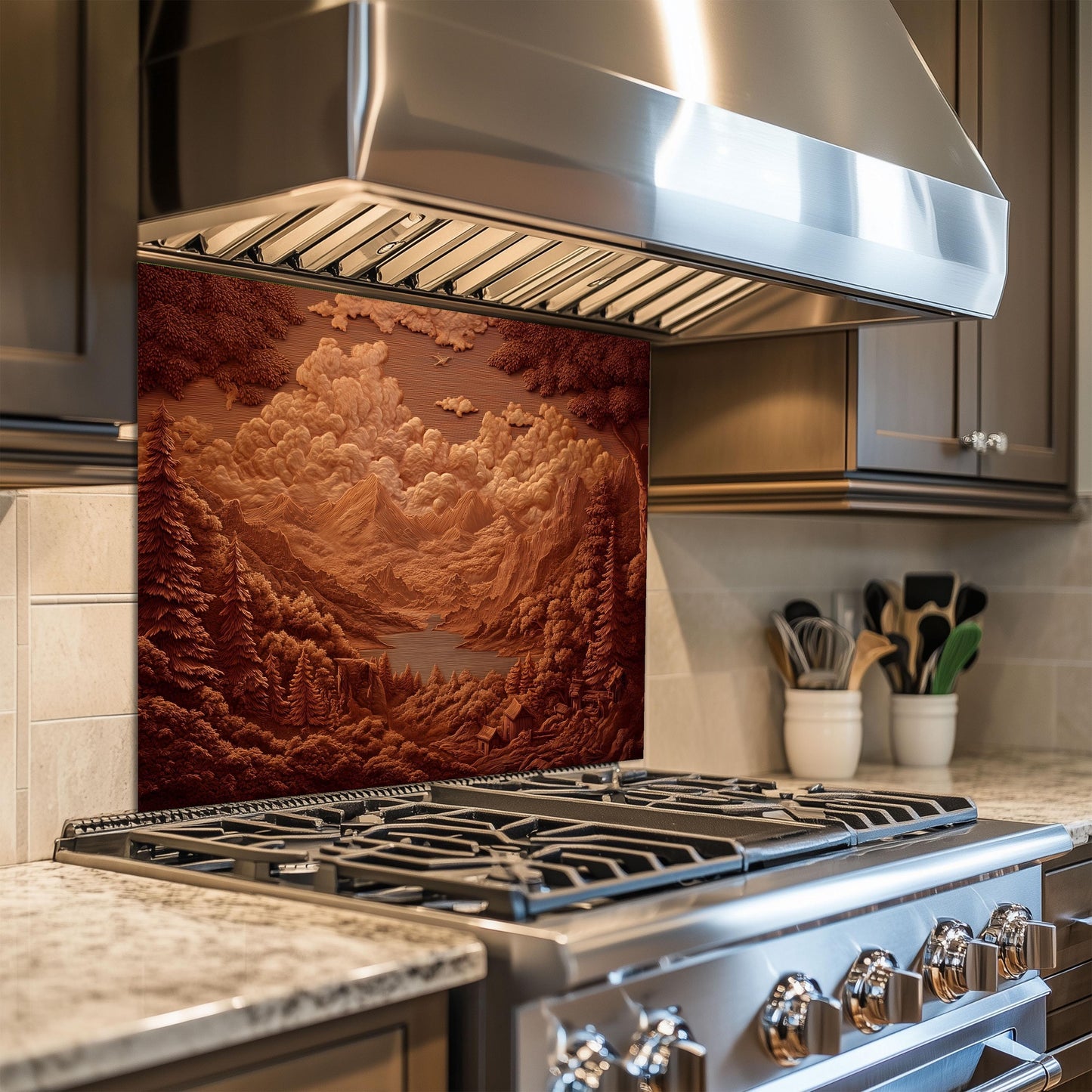 Sepia Mountain Landscape Tempered Glass Backsplash - Rustic Cabin Decor