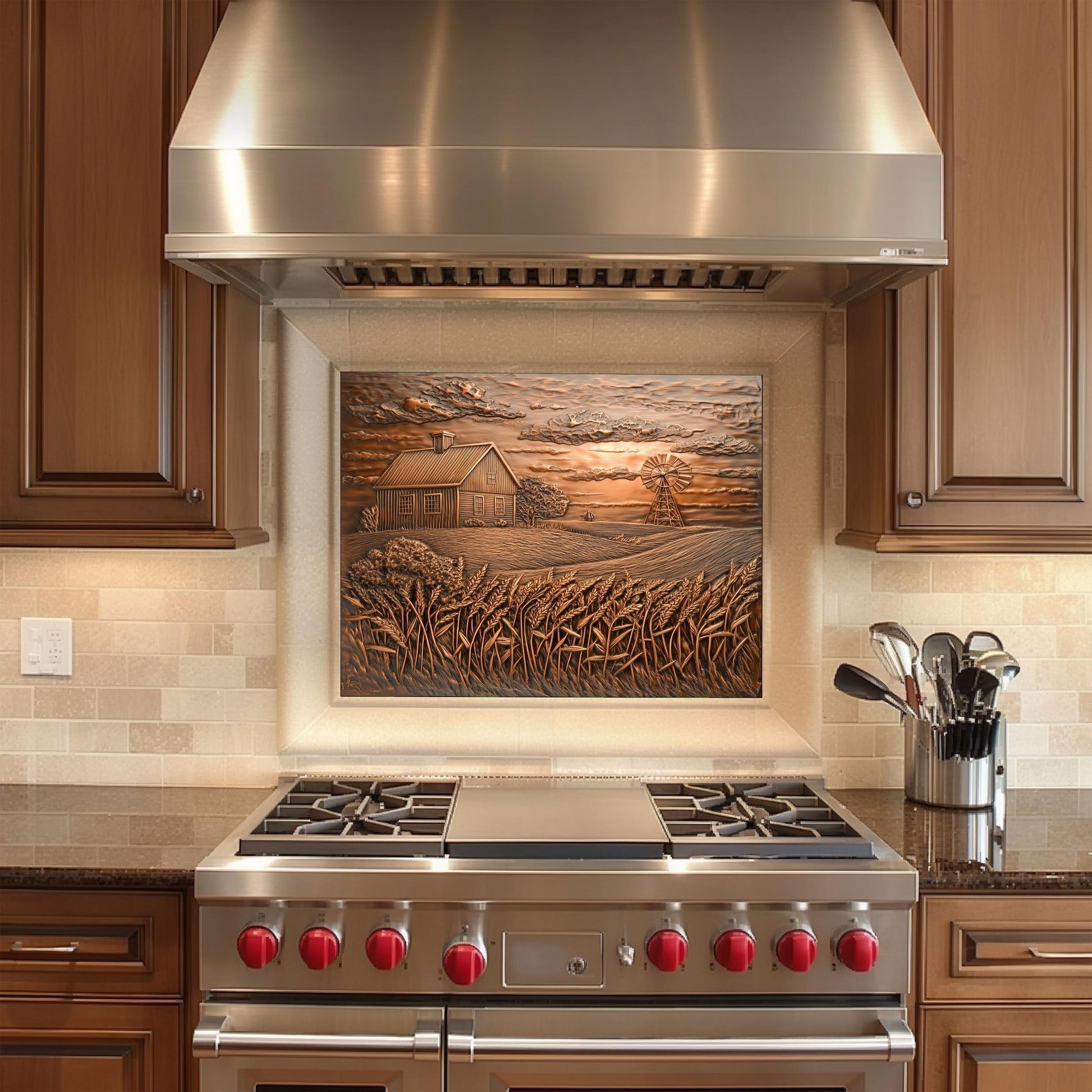 Copper Embossed Kitchen Backsplash: Farmhouse Windmill Tempered Glass