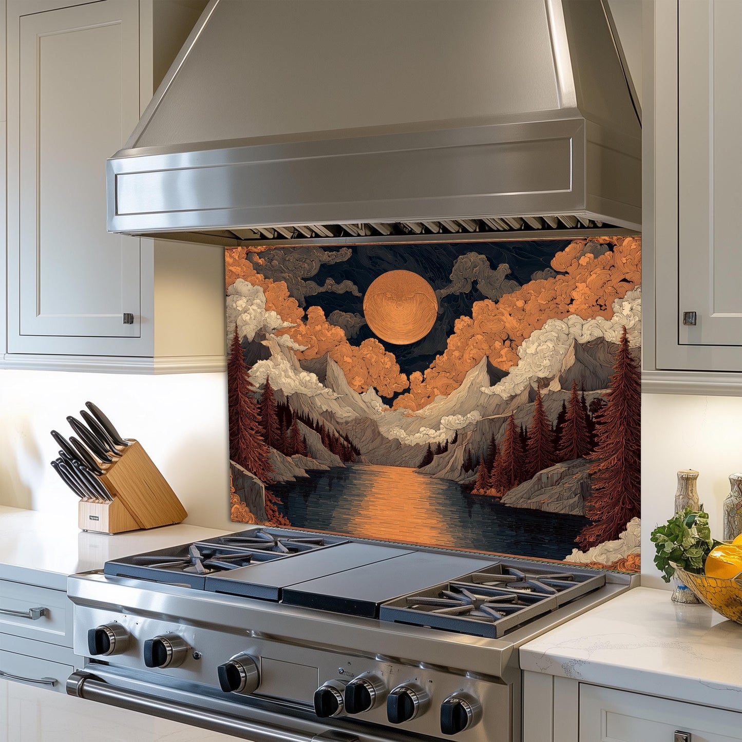William Morris Style Glass Backsplash: Mountain Sunrise Kitchen Wall Art