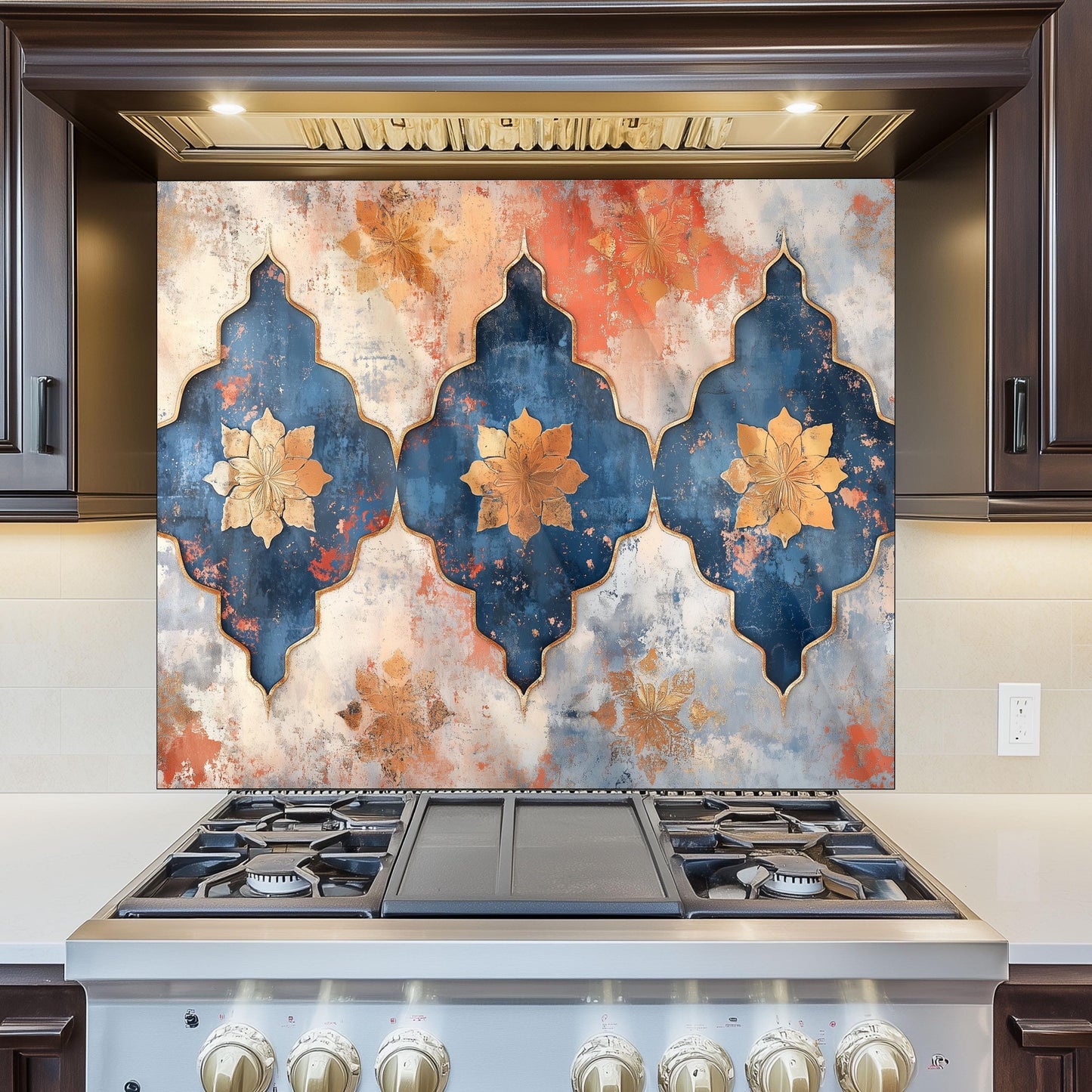 Moroccan Style Glass Backsplash, Blue Geometric Stove Guard, Heat Resistant Easy Clean Kitchen Art