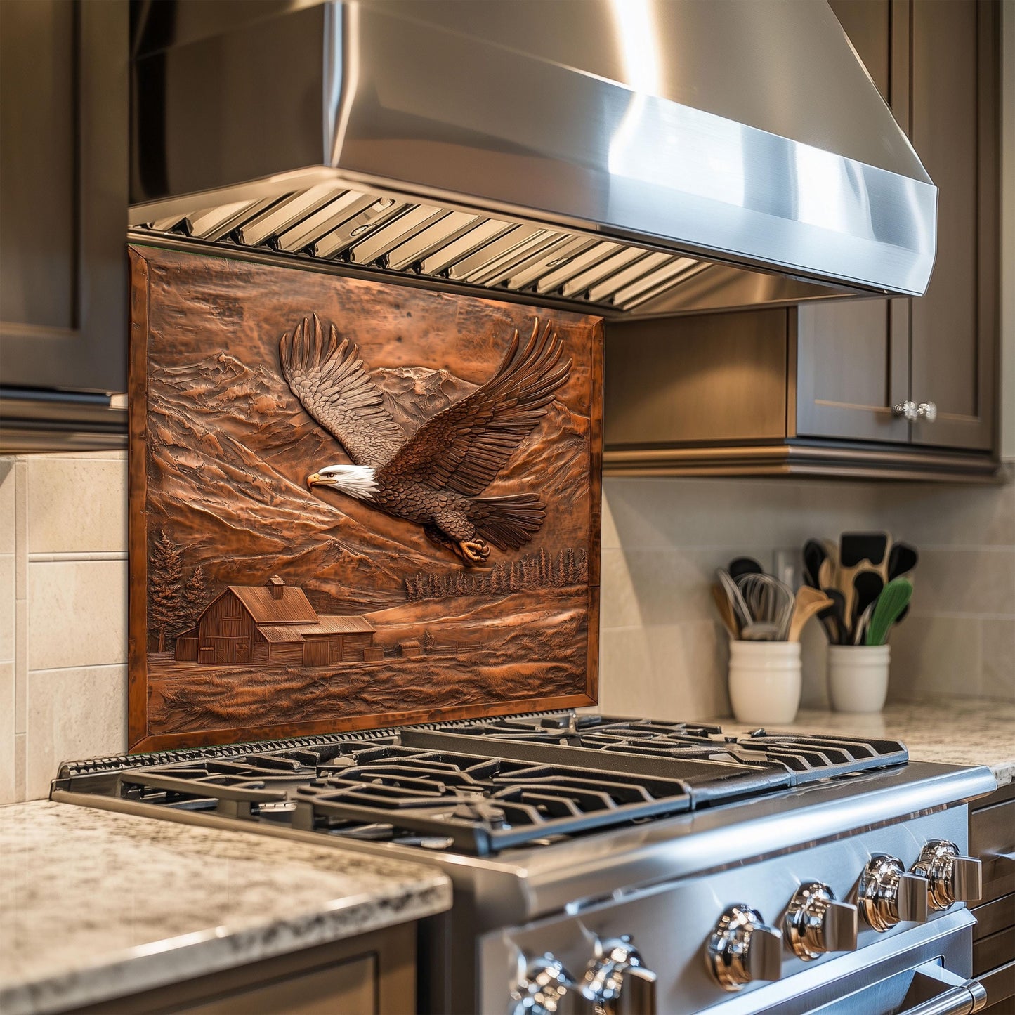 Majestic eagle backsplash, heat-resistant tempered glass, copper-effect wall protector, farmhouse kitchen art, mountain scenery decor