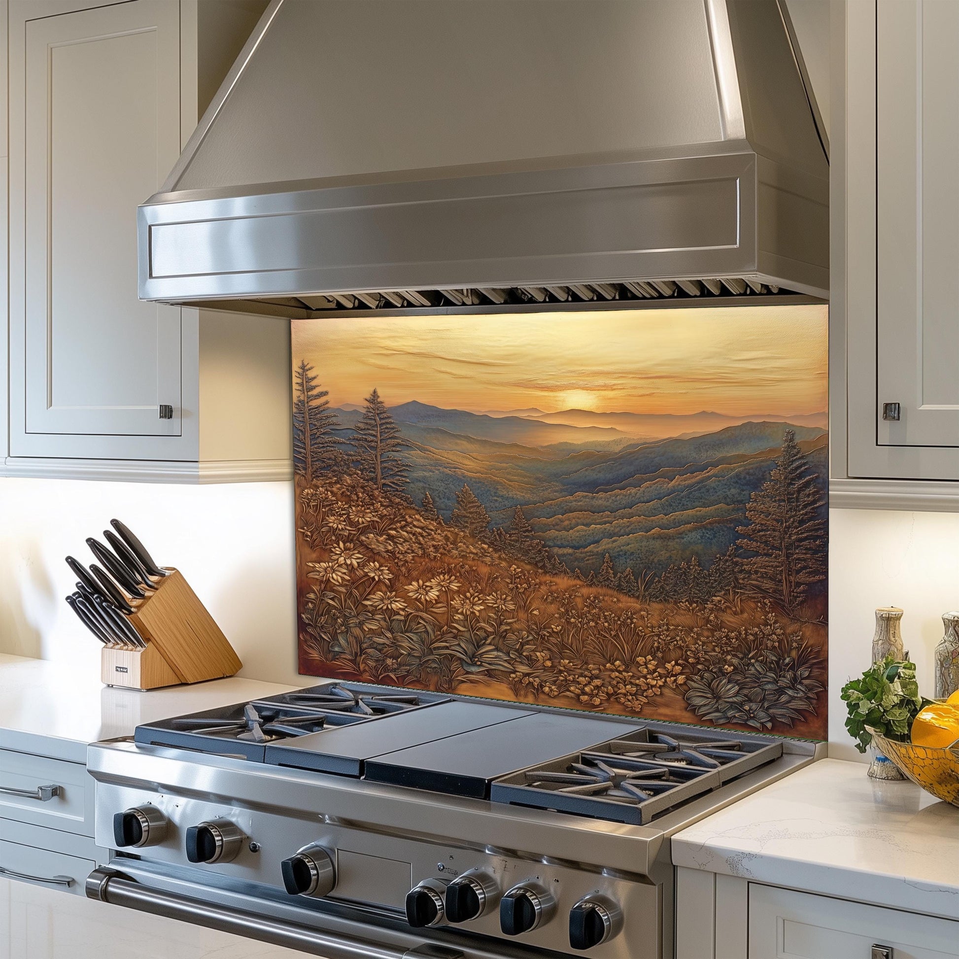 Copper effect mountain kitchen backsplash, heat-resistant wall protector, nature-inspired kitchen art, easy clean tempered glass, rustic kitchen wall protector, stove wall protector