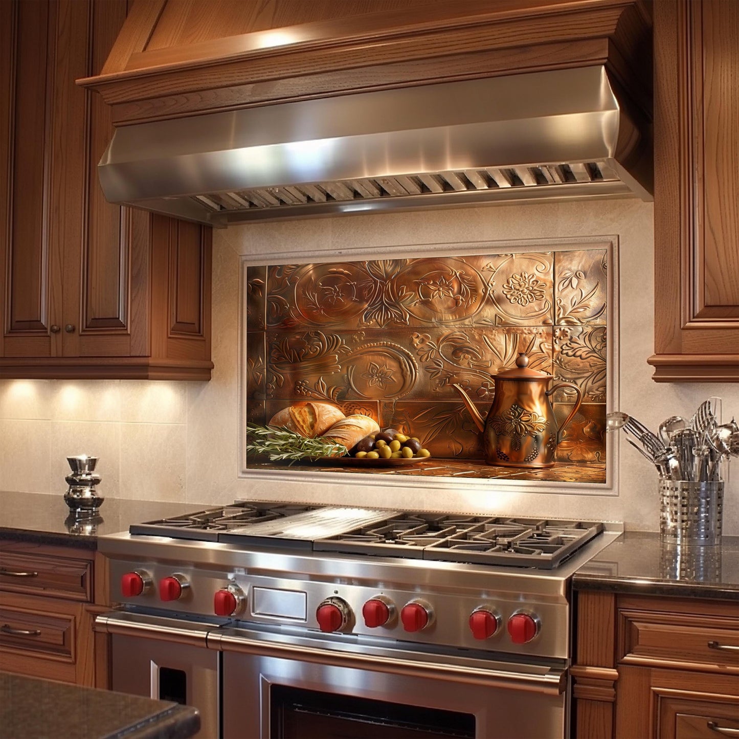 Rustic kitchen backsplash, Mediterranean bread and olive design, heat-resistant tempered glass wall protector, easy clean kitchen wall protector, copper effect kitchen art, farmhouse wall protector, stove backsplash