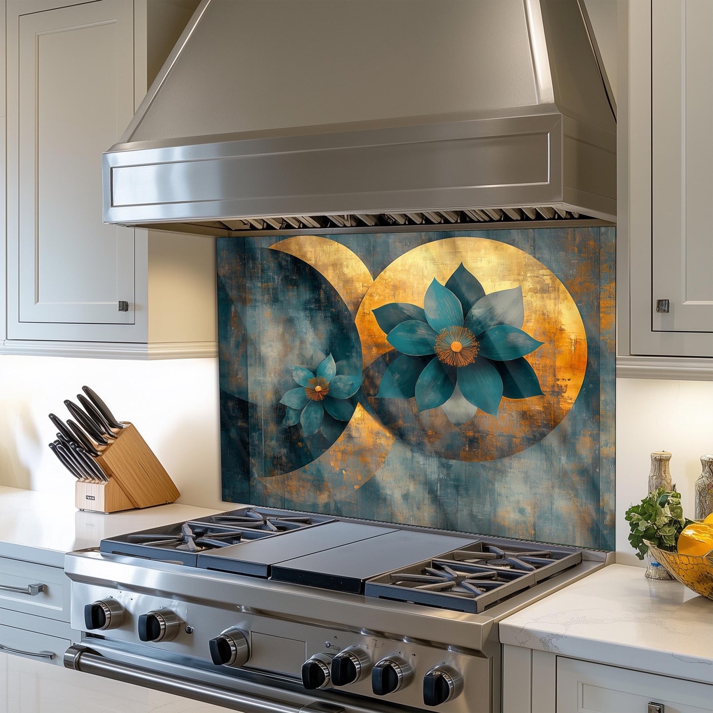 Moroccan Floral Glass Backsplash, Heat Resistant Stove Guard, Custom Size Kitchen Art