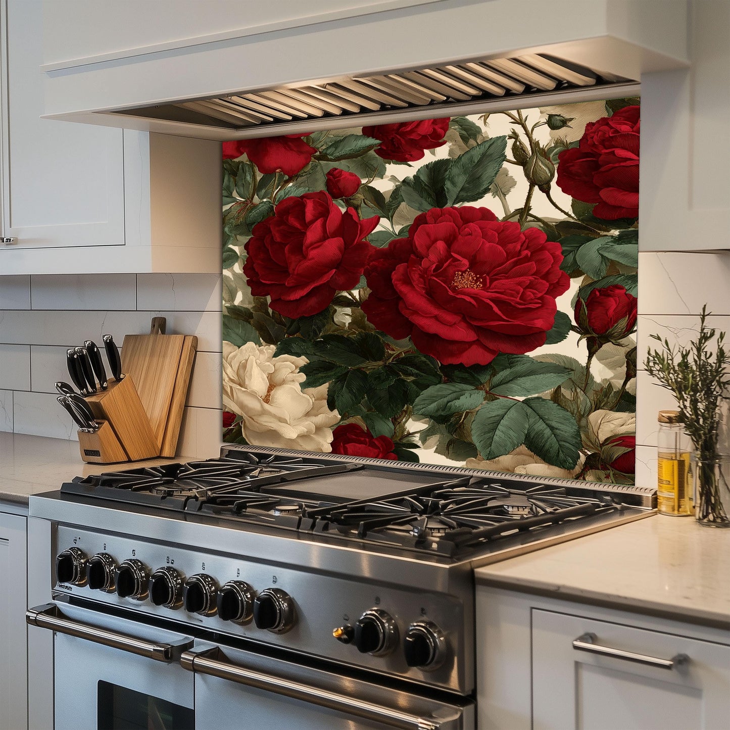 Bold Red Rose Tempered Glass Backsplash - Vintage Botanical Floral Kitchen Splashback