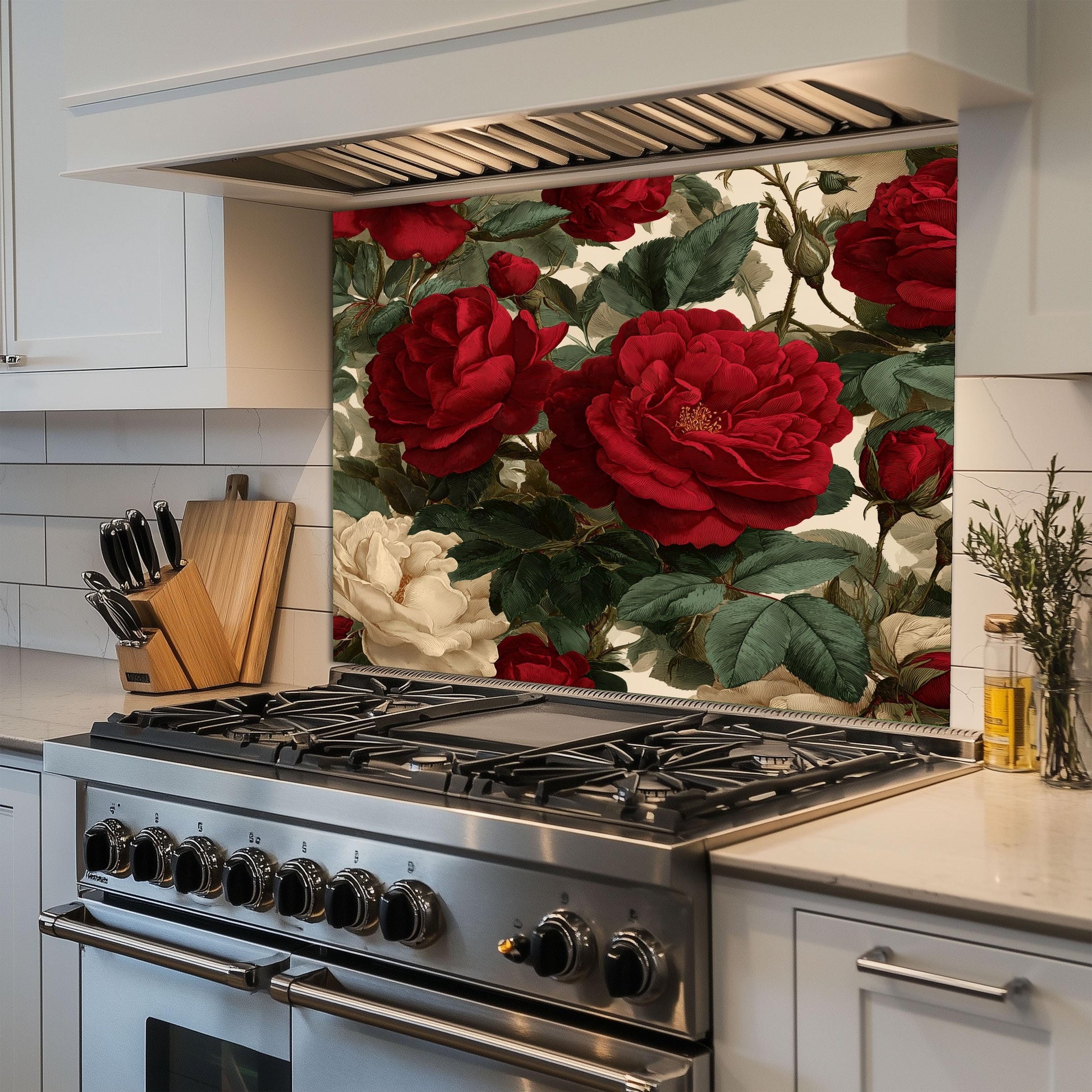Bold Red Rose Tempered Glass Backsplash - Vintage Botanical Floral Kitchen Splashback