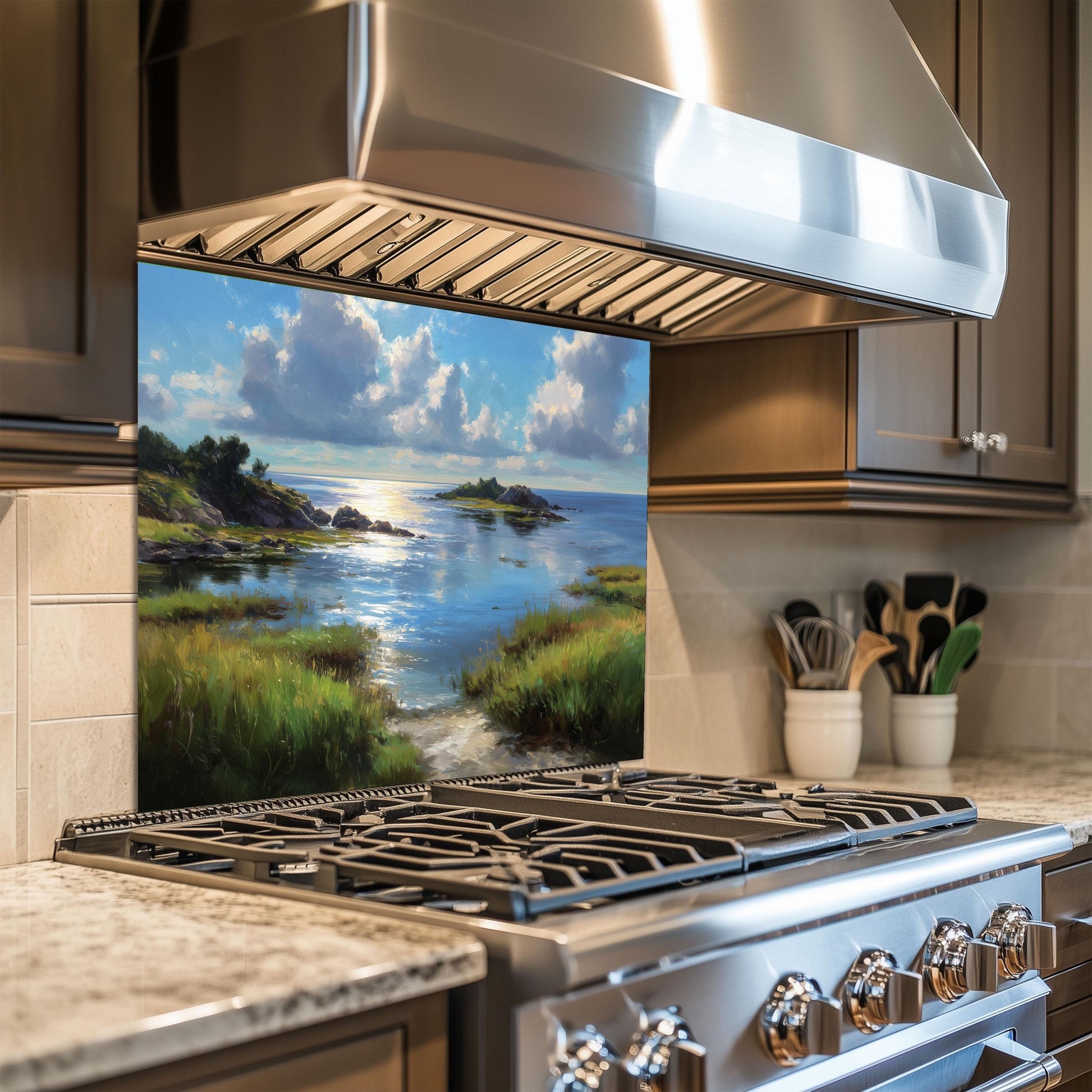 Tempered Glass Kitchen Backsplash: Mountain Sunrise Copper Effect