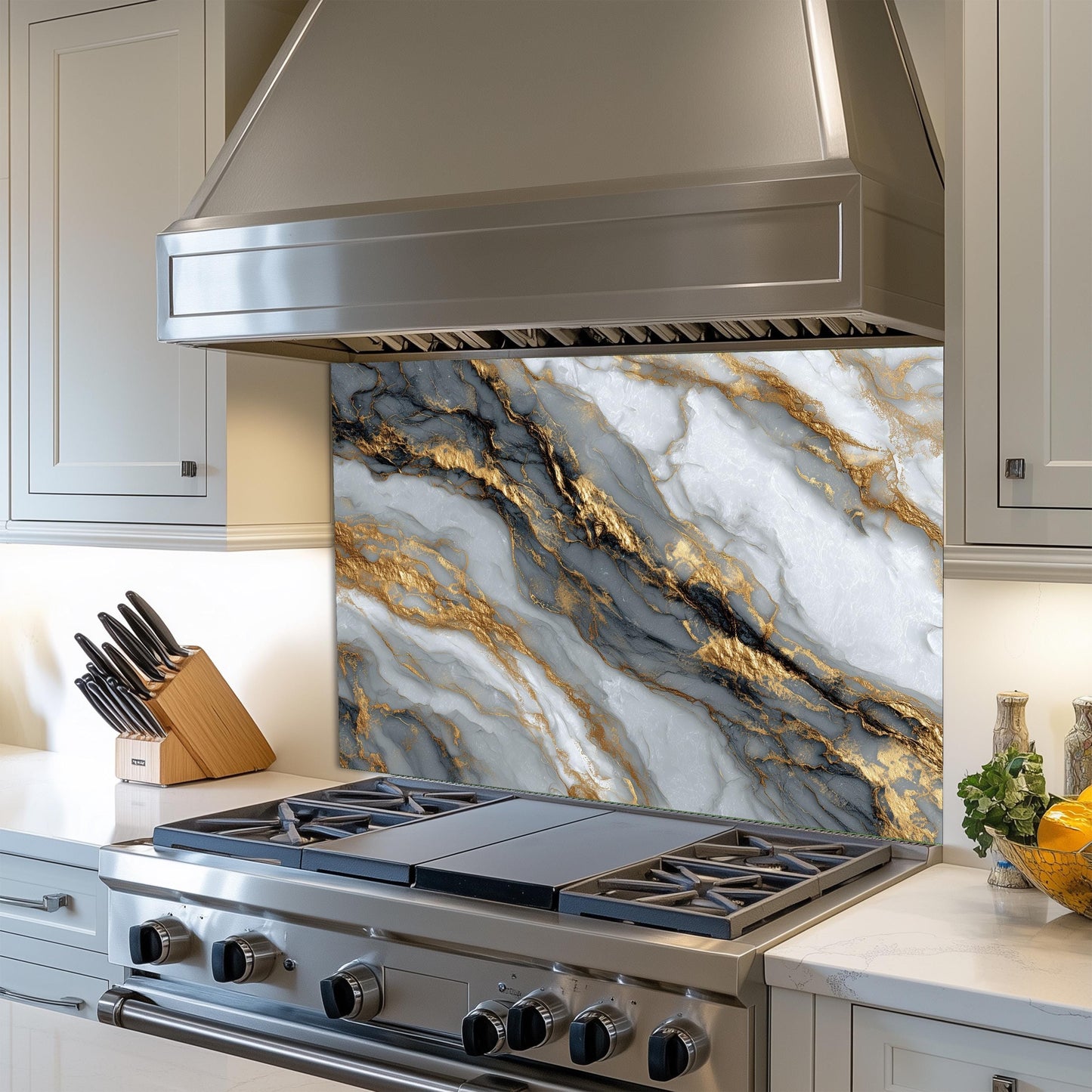 Black Gold Marble Glass Backsplash, Luxury Stone Stove Guard, Heat Resistant Easy Clean Art
