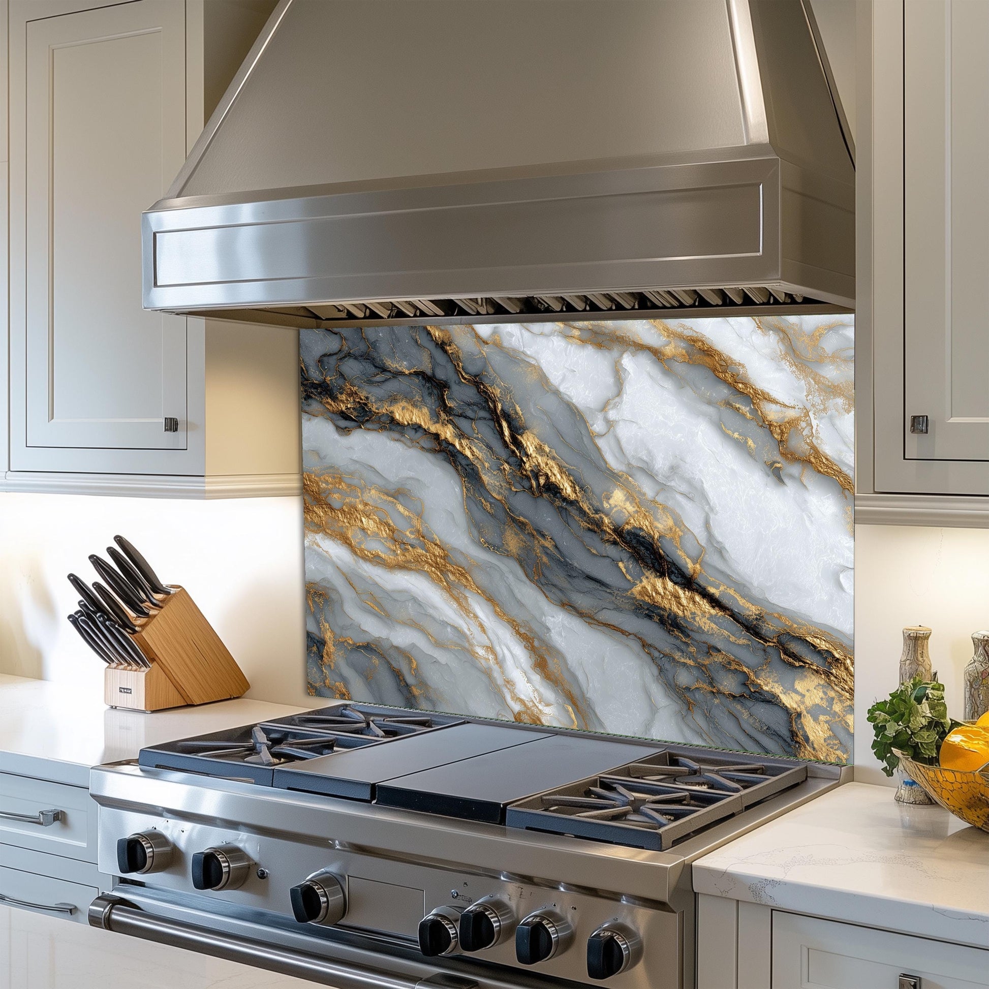 Black Gold Marble Glass Backsplash, Luxury Stone Stove Guard, Heat Resistant Easy Clean Art