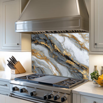 Black Gold Marble Glass Backsplash, Luxury Stone Stove Guard, Heat Resistant Easy Clean Art