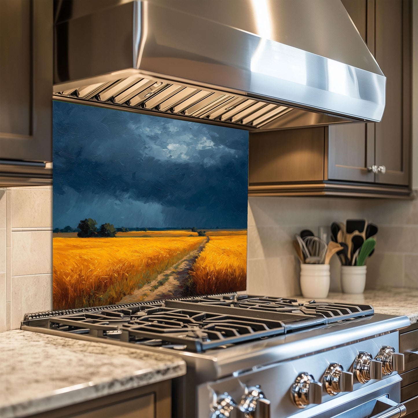 Golden Wheat Field Tempered Glass Backsplash: Farmhouse Kitchen Wall Art