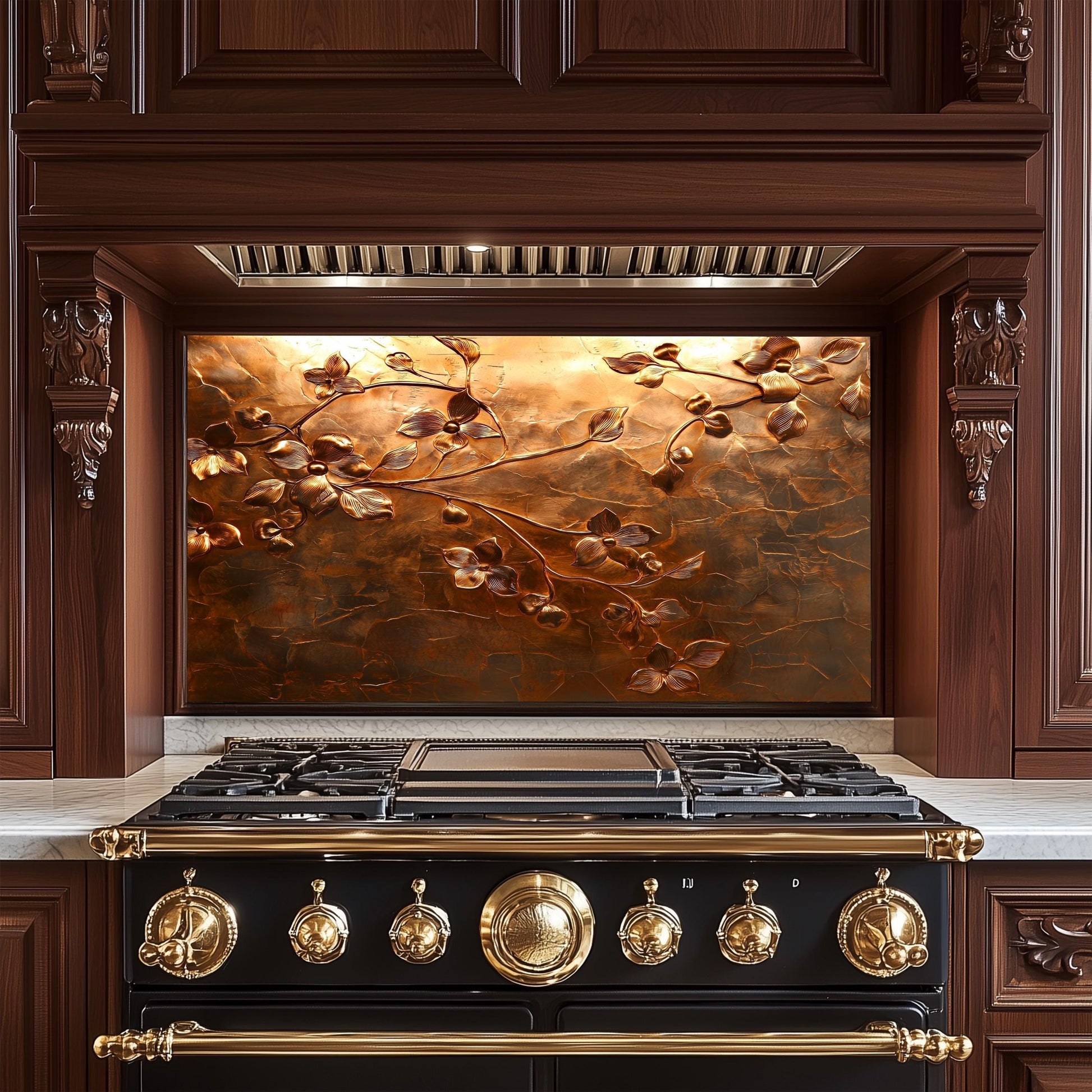 Embossed Flower Tempered Glass Kitchen Backsplash: Copper Heron Design
