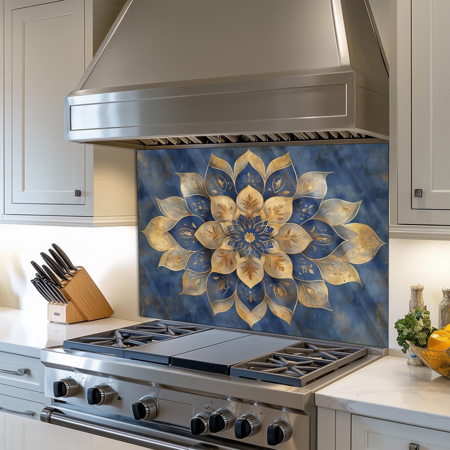 Moroccan Style Glass Backsplash, Blue Geometric Stove Guard, Heat Resistant Easy Clean Kitchen Art