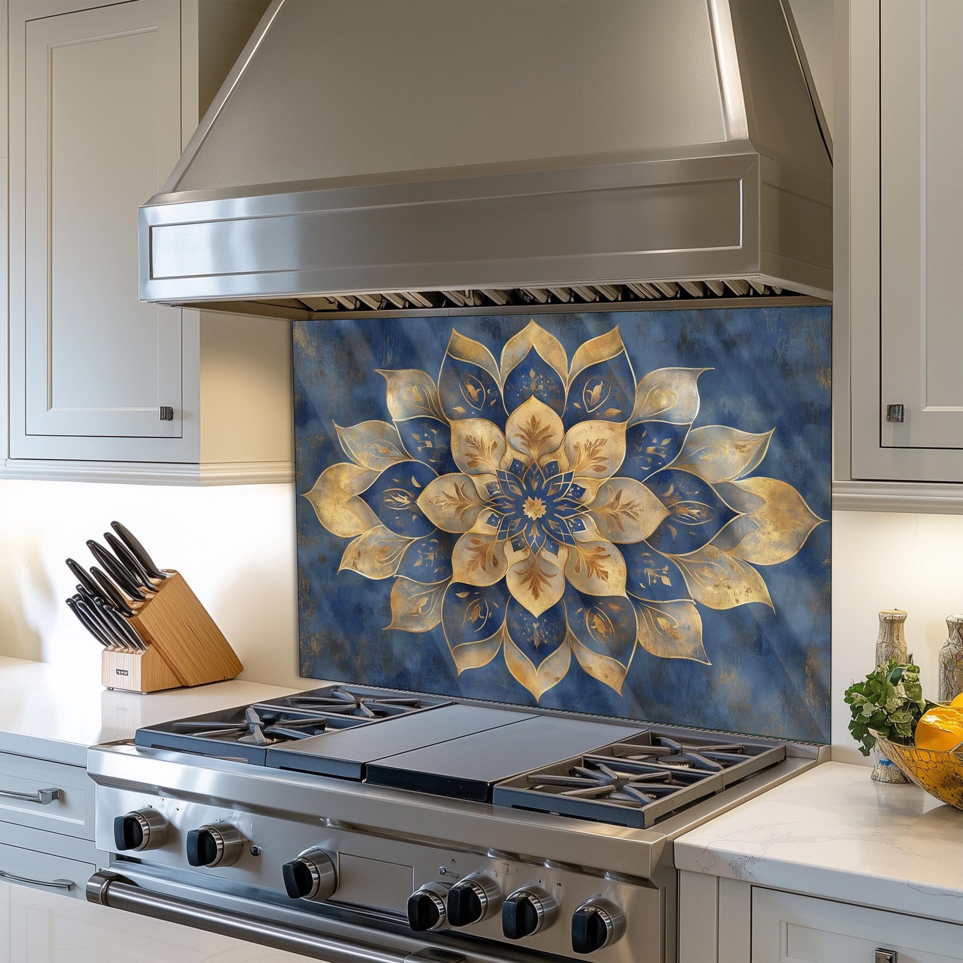 Moroccan Style Glass Backsplash, Blue Geometric Stove Guard, Heat Resistant Easy Clean Kitchen Art