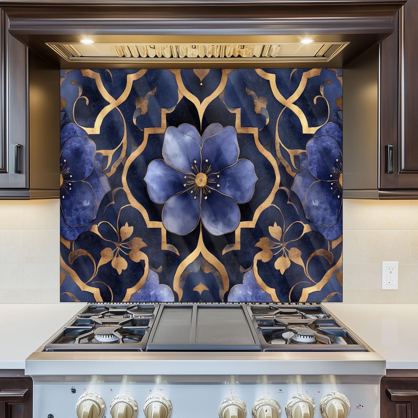 Moroccan Style Glass Backsplash, Blue Floral Stove Guard, Heat Resistant Easy Clean Kitchen Art