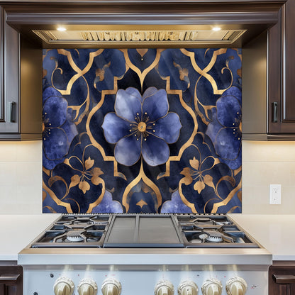 Moroccan Style Glass Backsplash, Blue Floral Stove Guard, Heat Resistant Easy Clean Kitchen Art