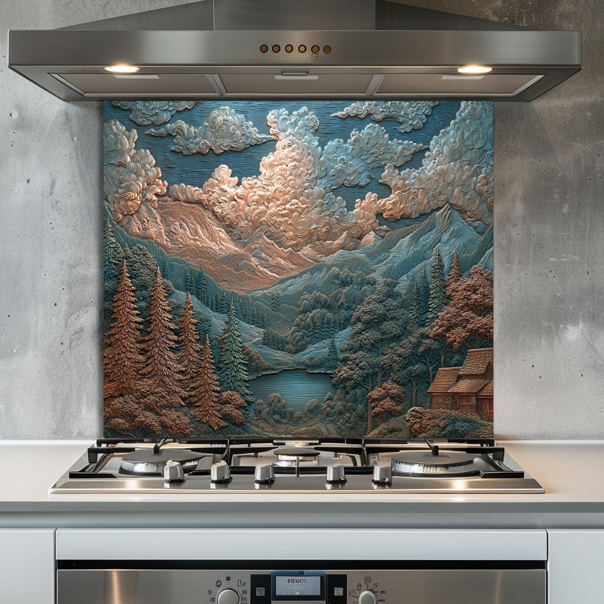 Mountain Landscape Glass Backsplash: Rustic Cabin & Boho Kitchen Decor